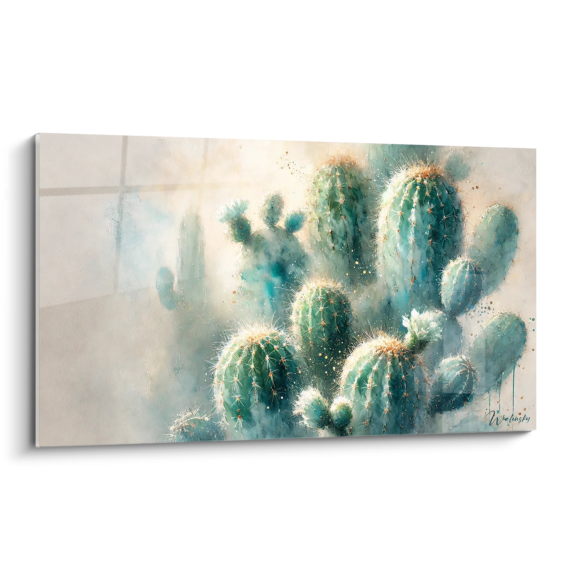 Tableau Cactus vu de biais, capturant l'essence sereine du désert avec ses teintes aquarellées. Les nuances de bleu et vert créent une harmonie méditative et inspirante pour votre espace.

