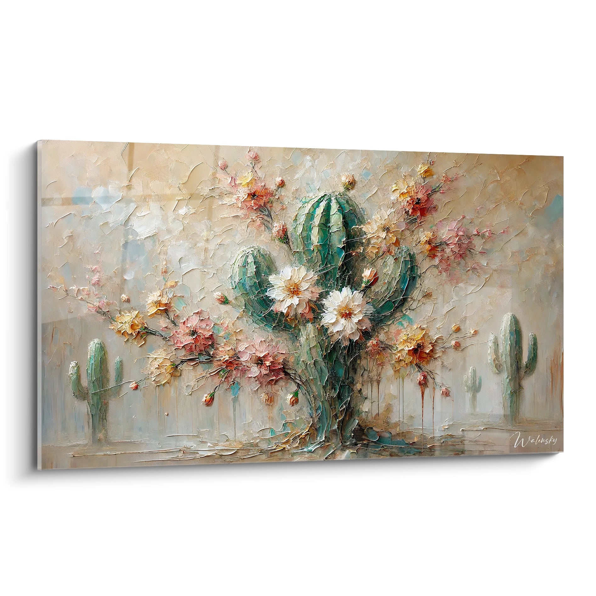 Tableau cactus vue de biais montrant la texture unique et les nuances du desert Son relief sculptural evoque la rencontre entre la force du cactus et la fragilite des fleurs

