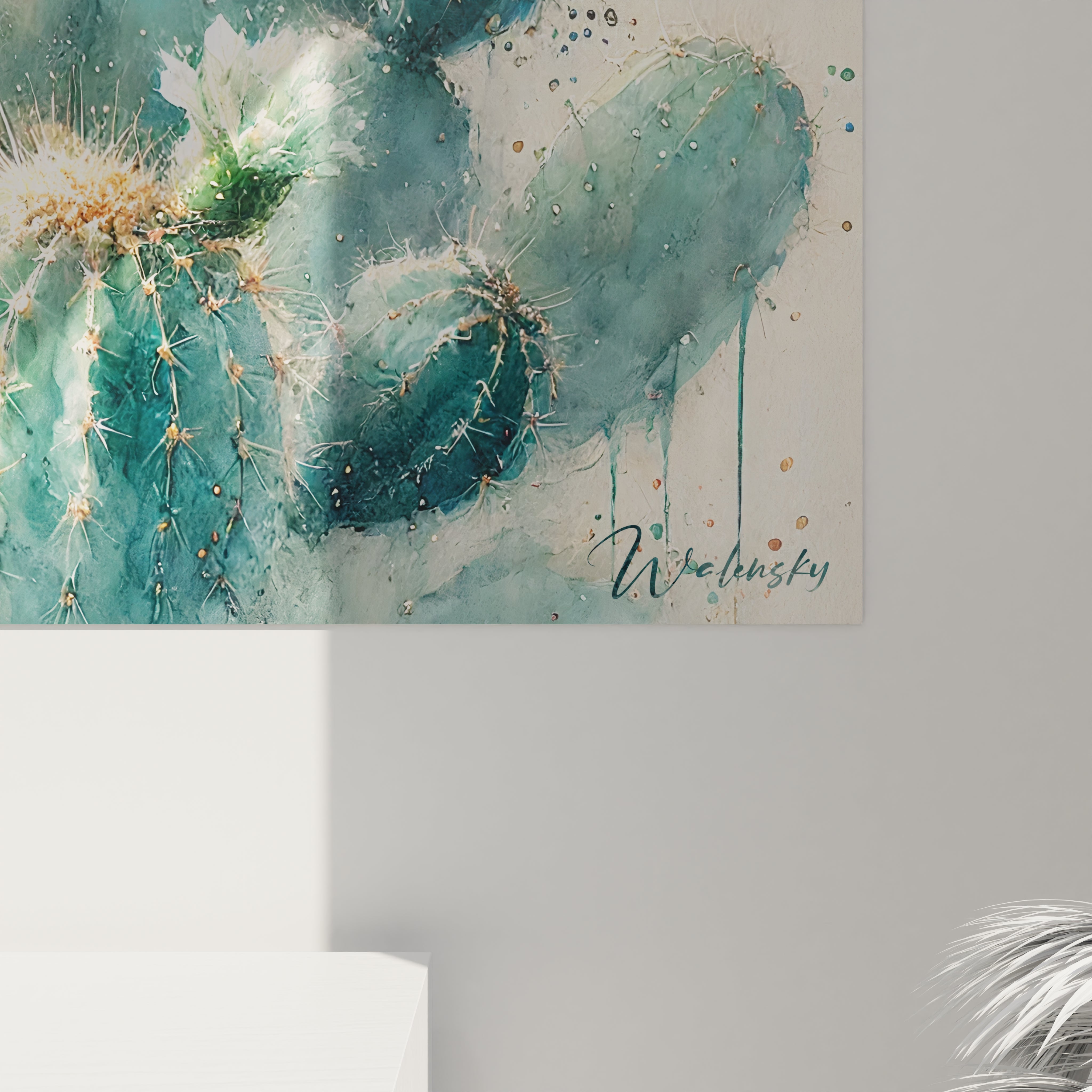 Gros plan sur le Tableau Cactus, révélant textures et éclats dorés. Les teintes subtiles ajoutent une élégance discrète et apaisante, capturant la beauté cachée de la nature dans votre intérieur.






