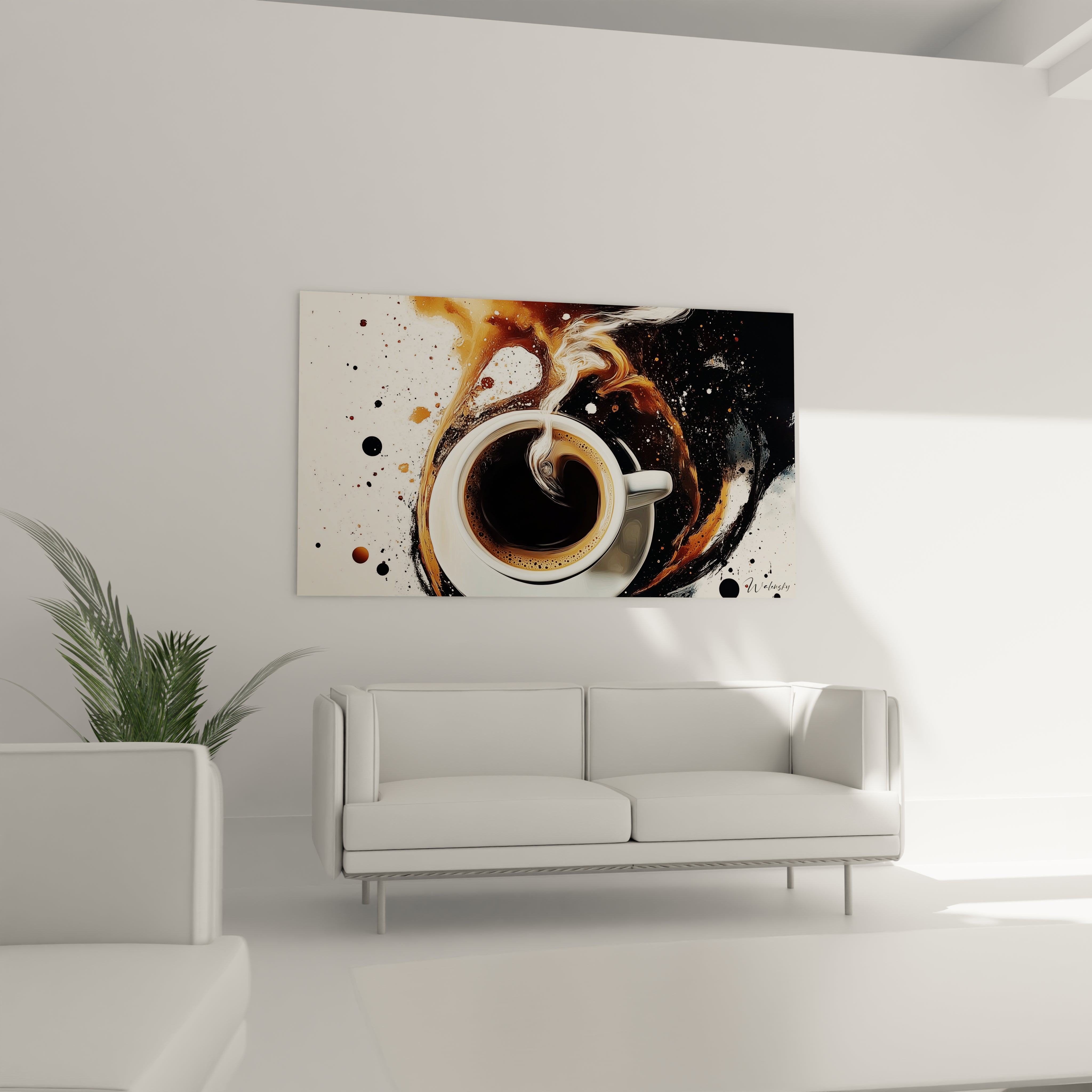 Un tableau café mettant en scène une composition dynamique où le liquide et la vapeur se mélangent en formes abstraites, avec des teintes dominantes de noir, marron et beige sur un fond texturé.

