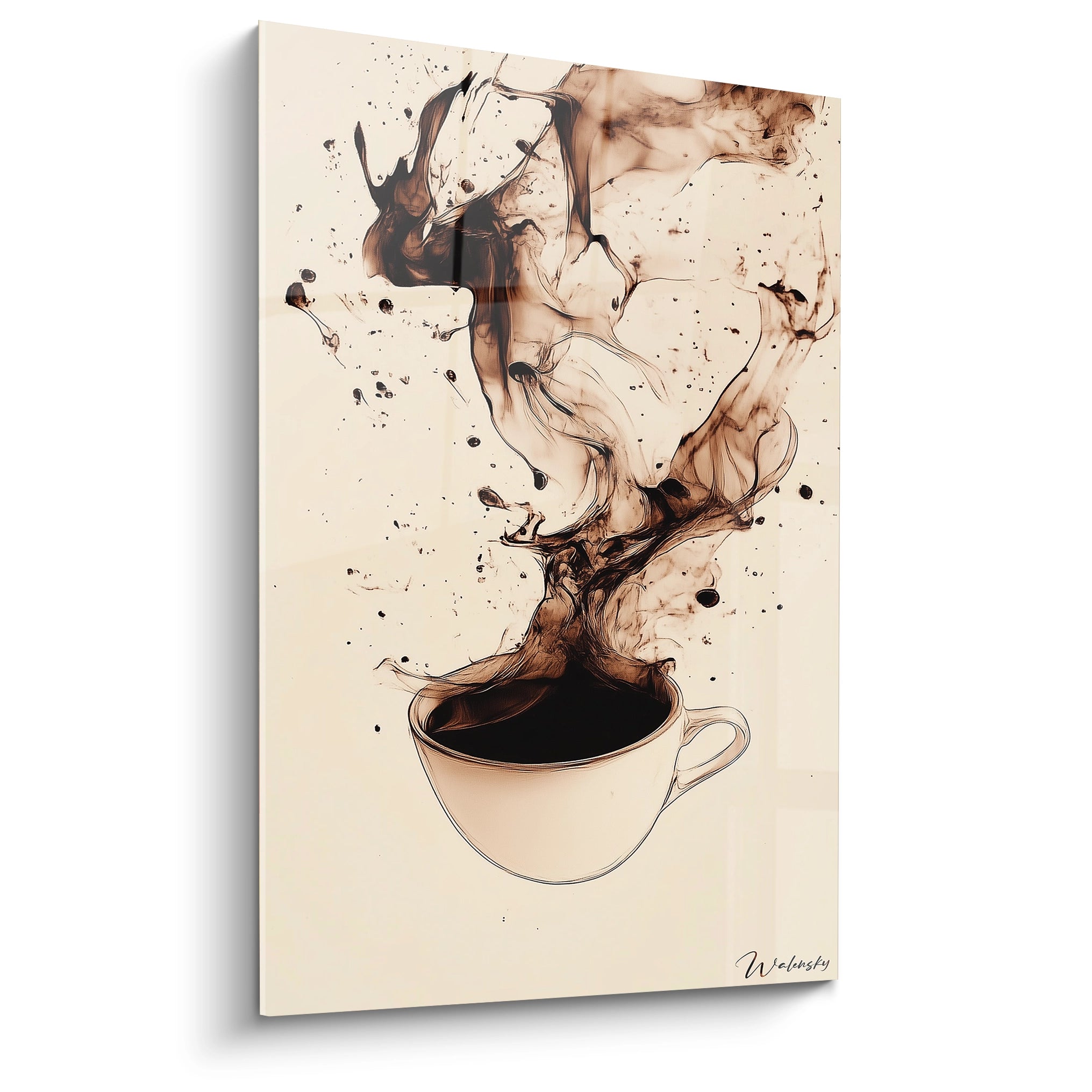 Un tableau café représentant une tasse remplie de liquide noir, avec des volutes fluides et dispersées en marron et beige sur fond clair, créant un effet de contraste et de mouvement.

