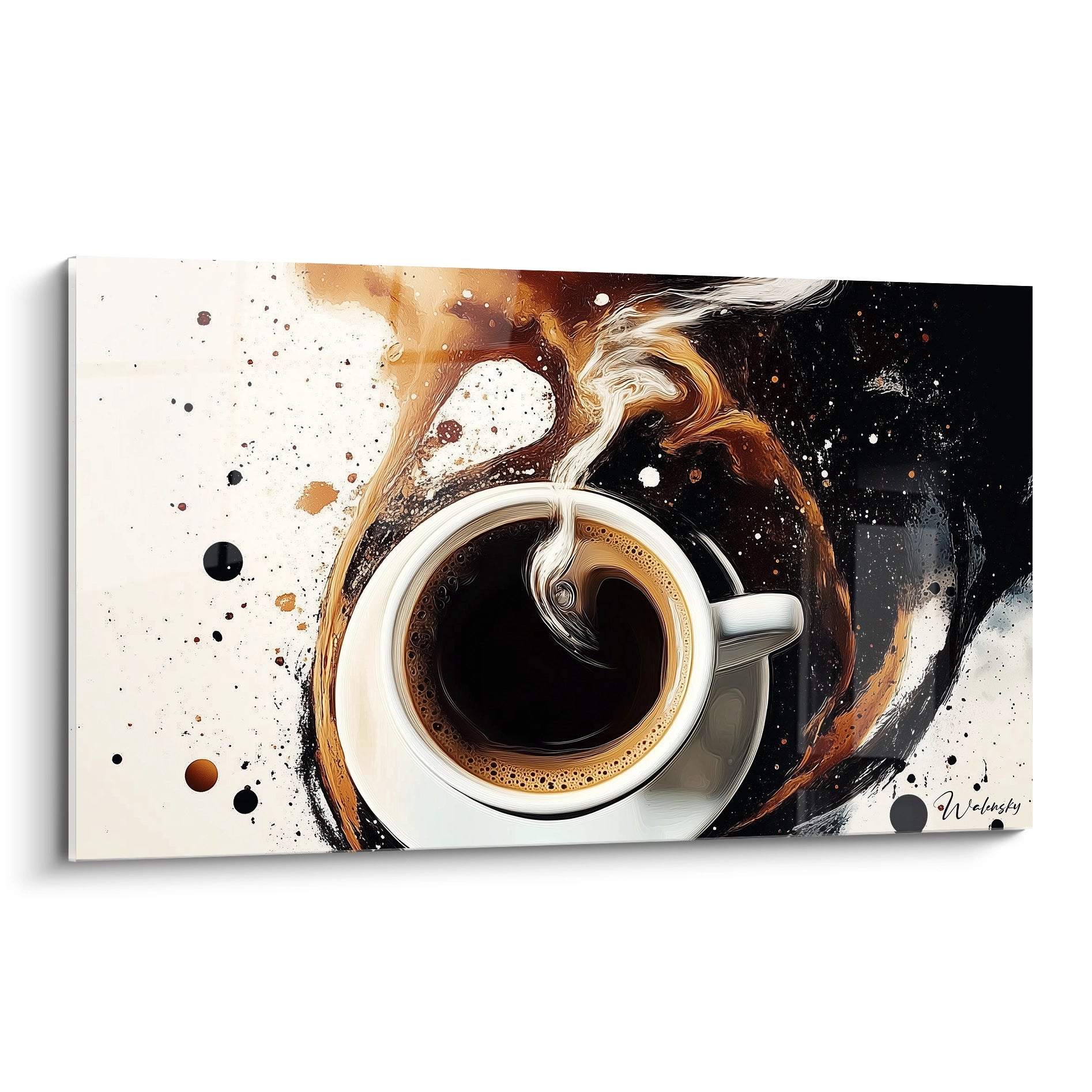 Un tableau café représentant une tasse vue du dessus, entourée d’éclaboussures marron et noires, avec de la vapeur blanche formant des volutes sur un fond beige texturé.

