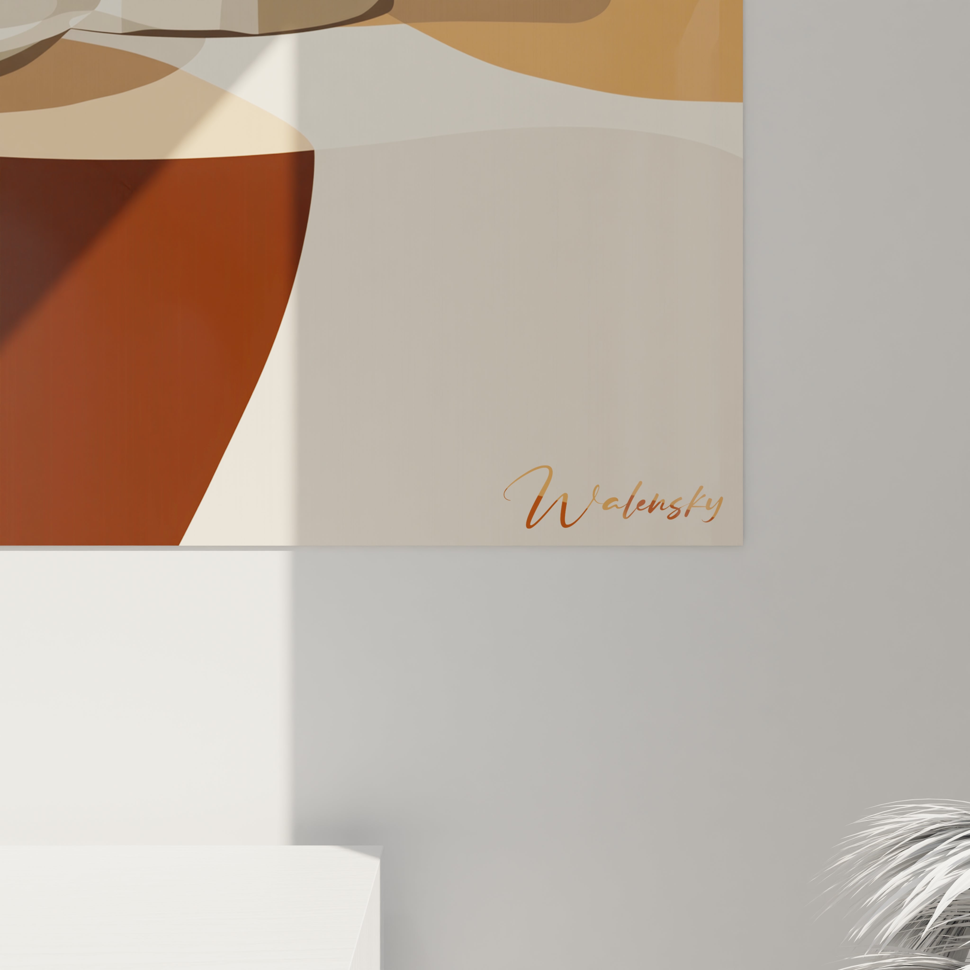 Un tableau café illustrant une composition minimaliste avec une cafetière et une tasse. La palette est composée de tons chauds, avec des surfaces lisses et des ombres douces intégrées dans le fond abstrait.







