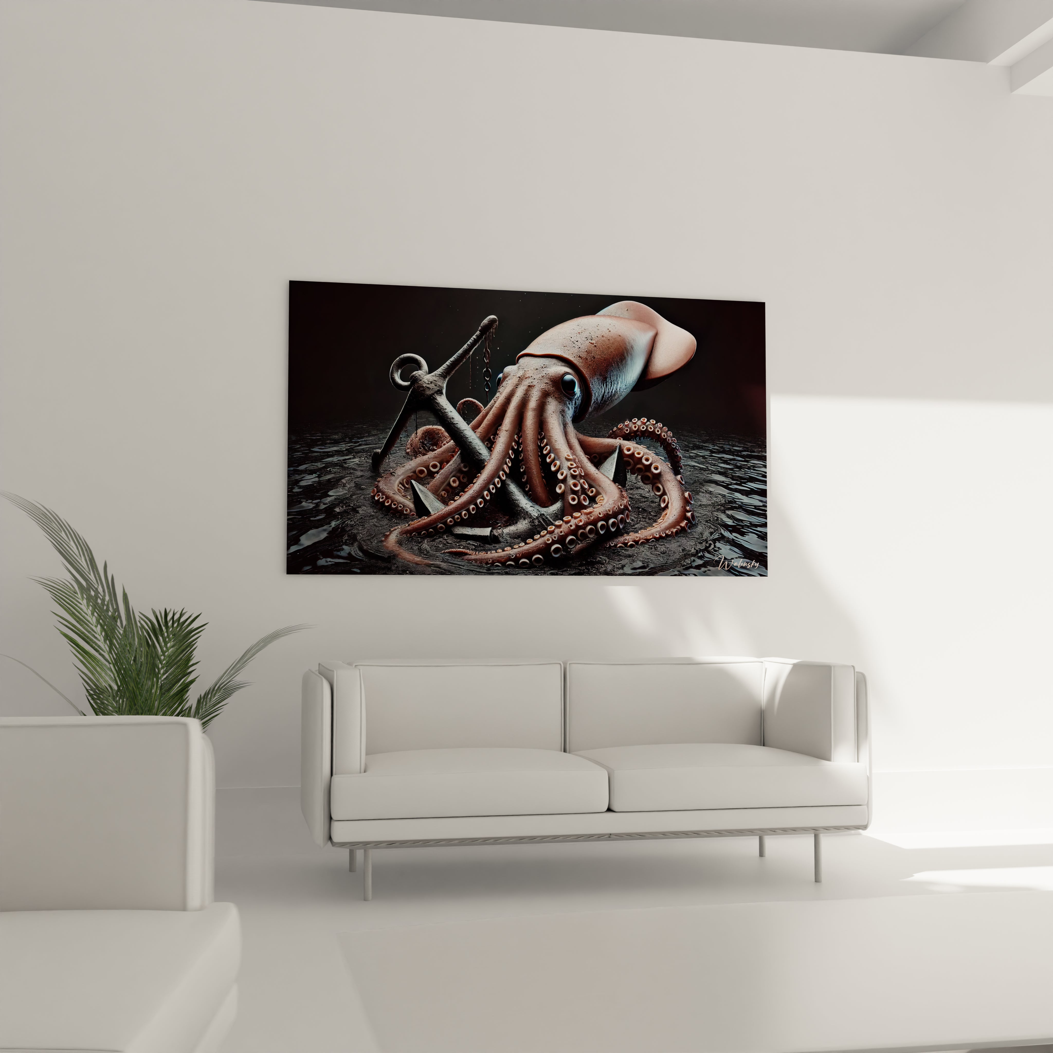 Accroché au mur d'un salon, ce tableau calamar geant domine l'espace au-dessus du canapé. Son design unique et ses teintes marron et gris créent une ambiance moderne et intrigante.

