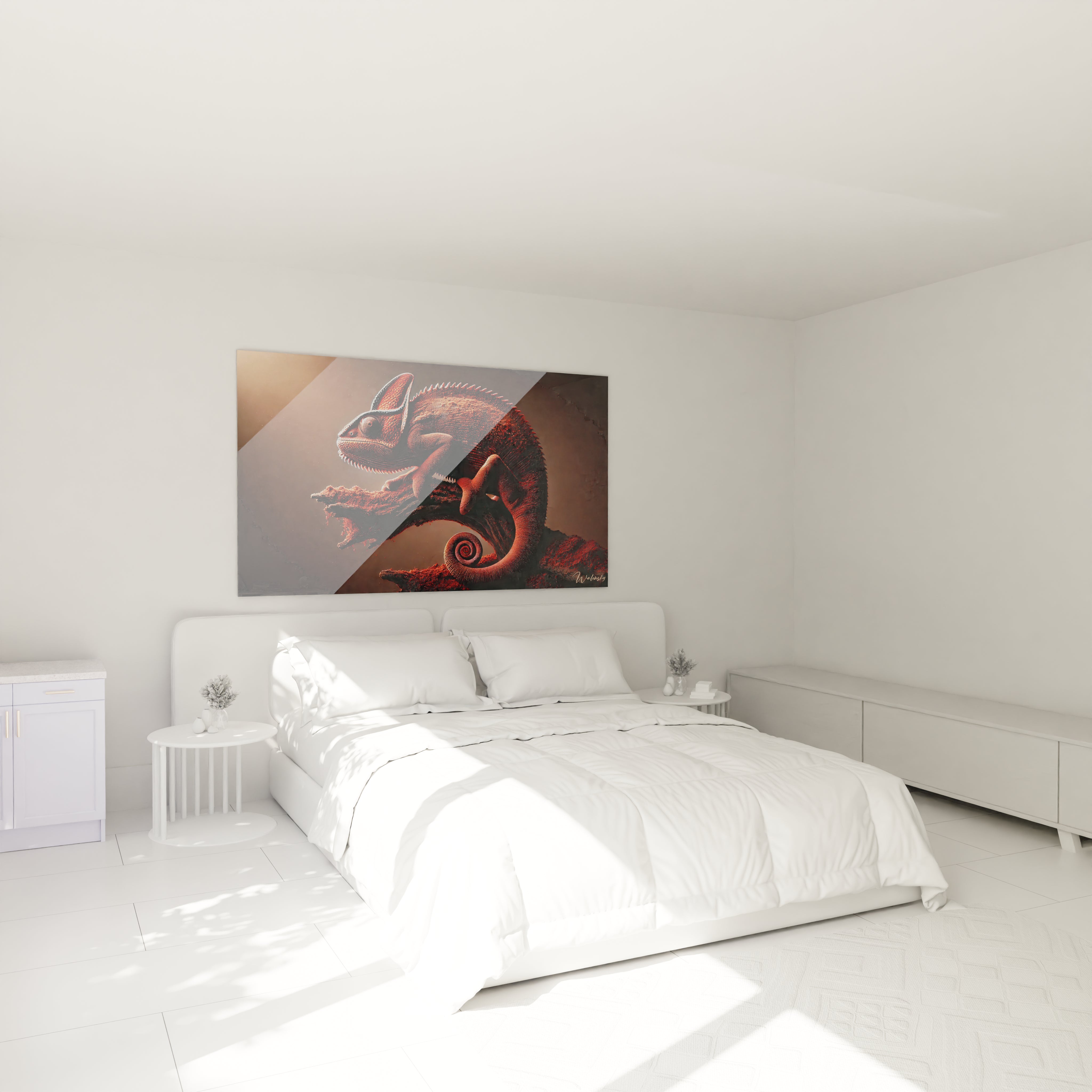 dans une chambre moderne le tableau caméléon apporte chaleur et exotisme au-dessus du lit. Les couleurs chaudes se fondent parfaitement avec l'ambiance cosy et naturelle

