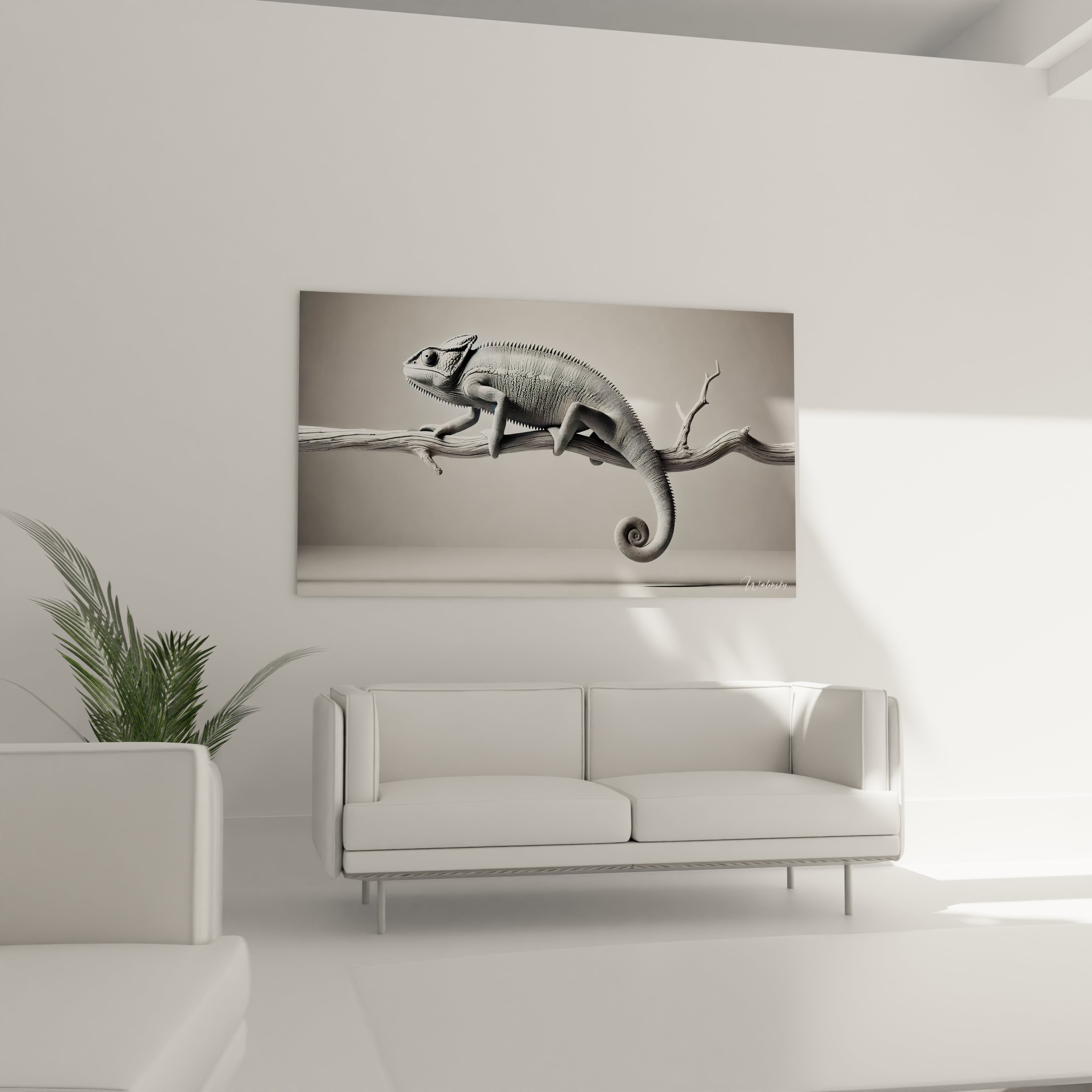 tableau caméléon accroché dans le salon apportant un charme discret au-dessus du canapé son design sculptural et ses tons neutres créent un espace serein et harmonieux idéal pour un intérieur élégant

