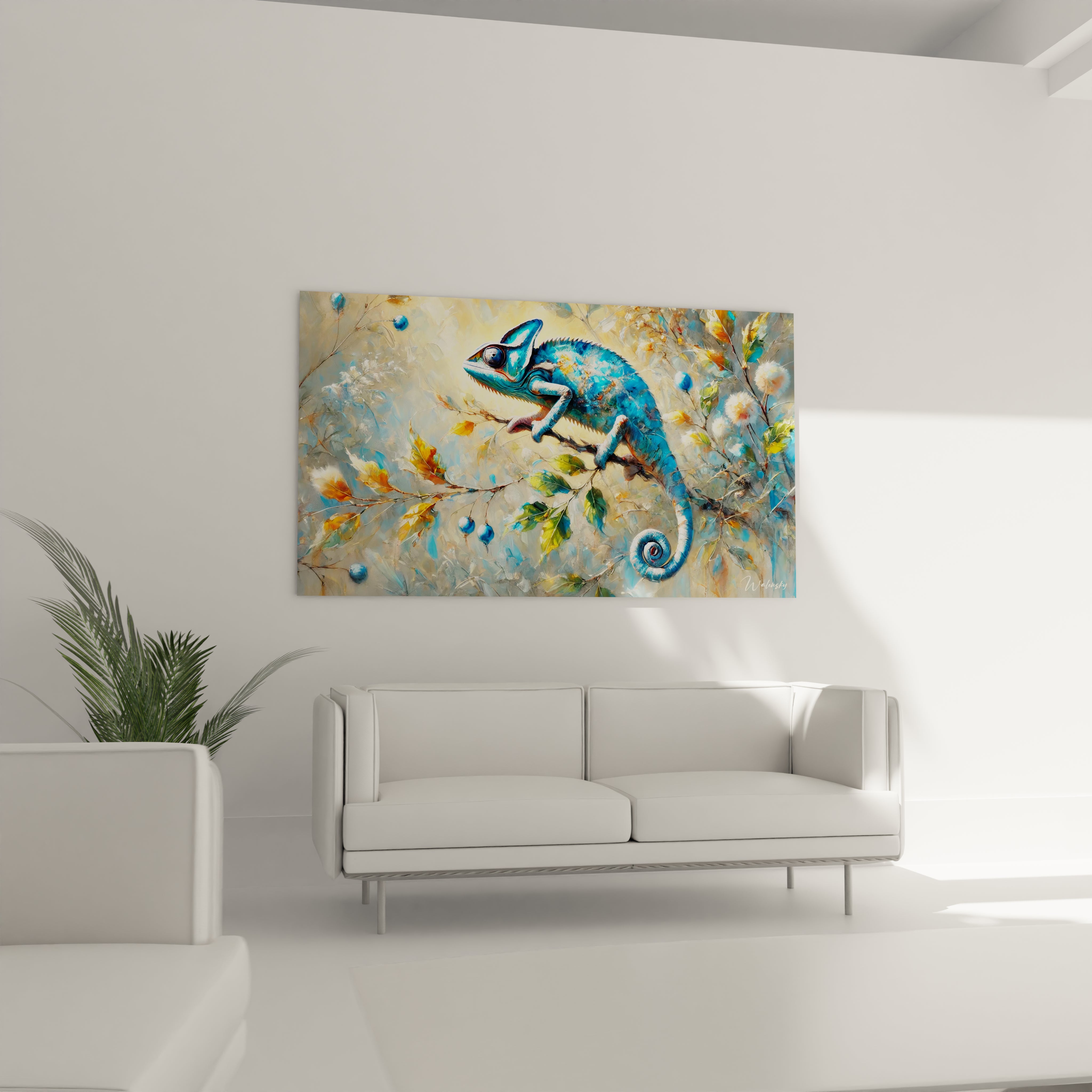 Ce tableau caméléon installé dans le salon au-dessus du canapé offre un visuel vibrant et dynamique parfait pour insuffler de la vitalité et attirer les regards dans votre intérieur

