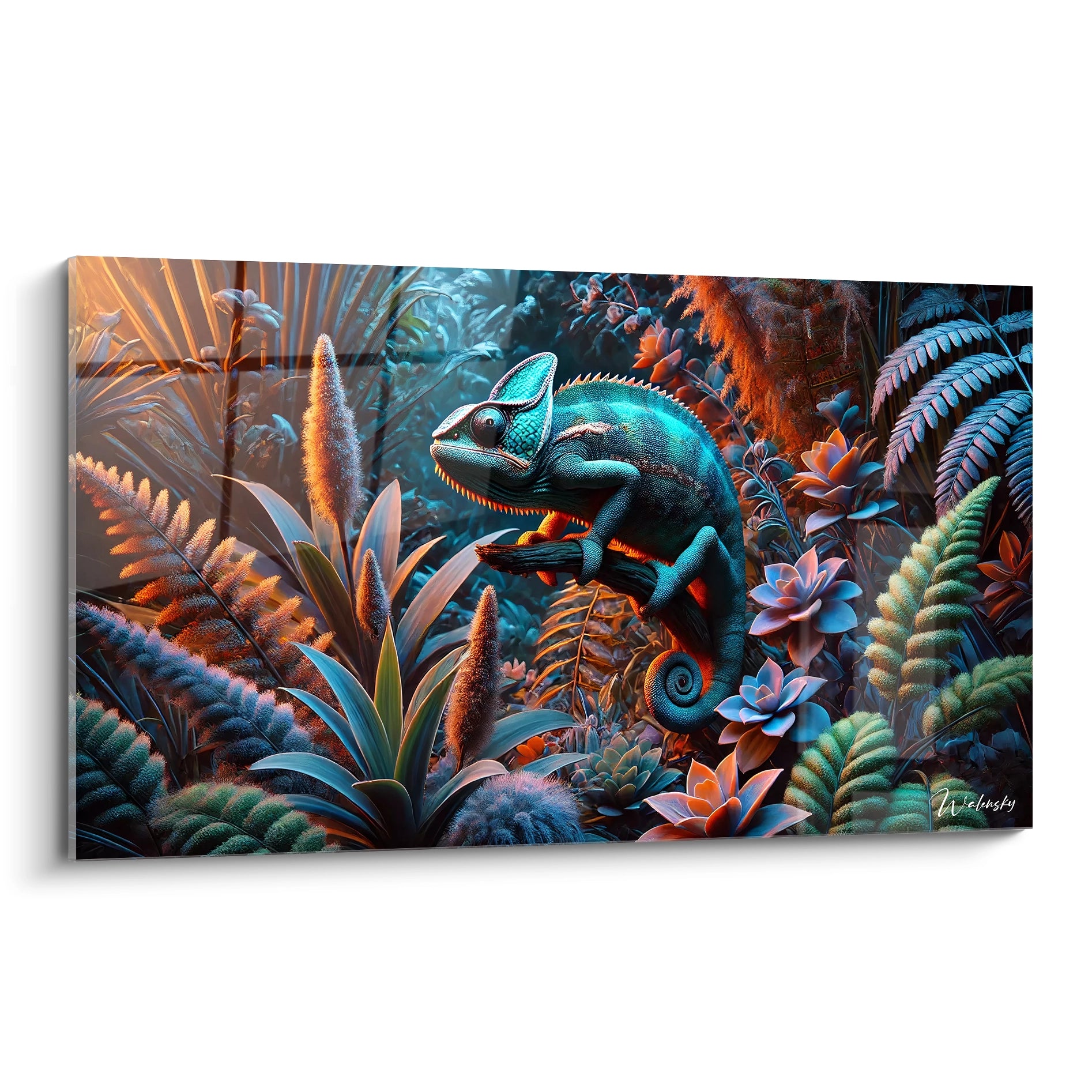 tableau caméléon vibrant et détaillé capturant l’élégance du caméléon dans une jungle luxuriante Vue de biais pour une immersion totale dans les couleurs et textures exotiques

