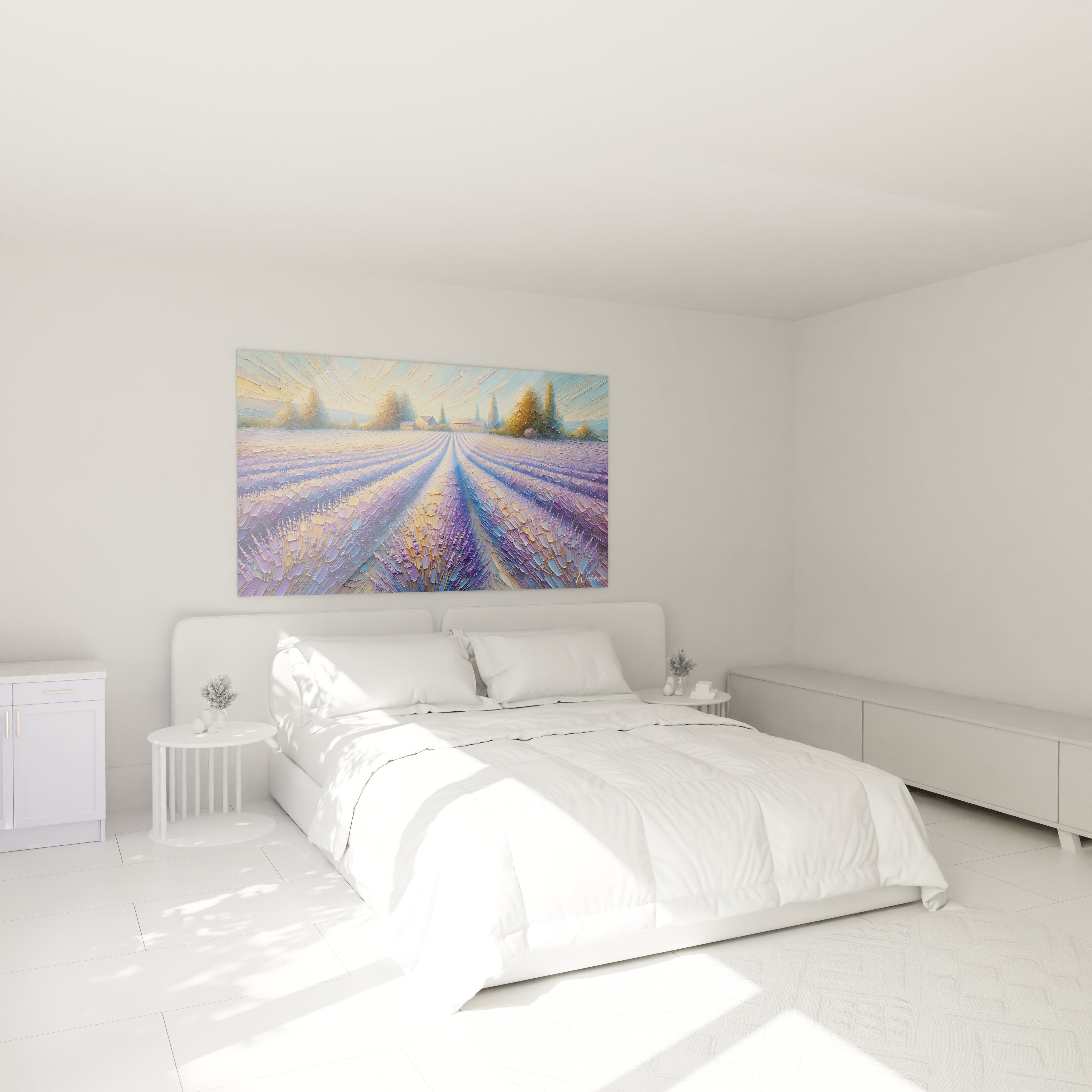 tableau campagne accroche au-dessus du lit dans une chambre transformant l espace en une echappee tranquille vers la Provence ou la lavande et les couleurs dorées du crepuscule evoquent la serenite

