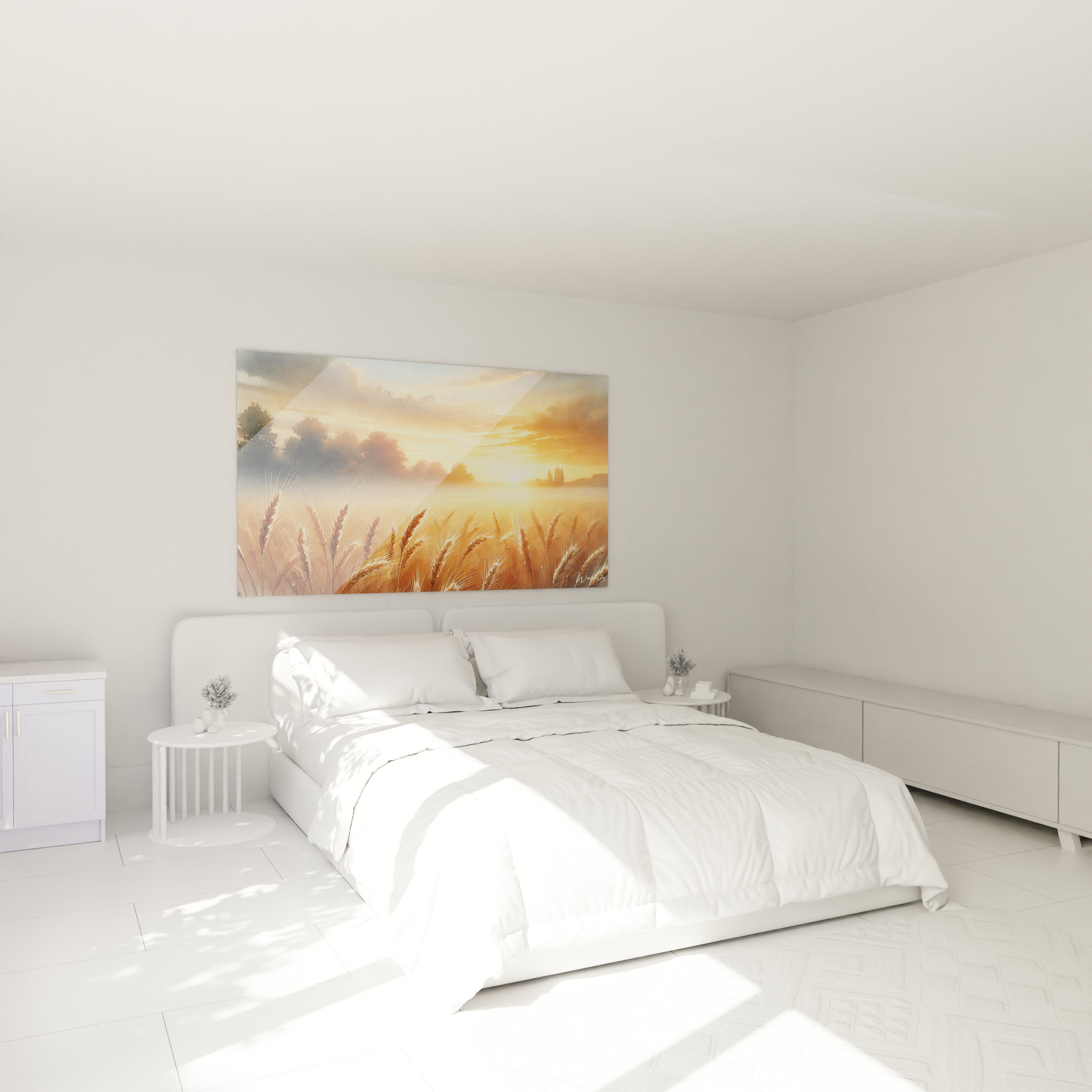 Le tableau Campagne ajoute une touche de serenite dans la chambre La lumiere doree illumine les epis de ble au lever du soleil apportant chaleur et poesie au decor

