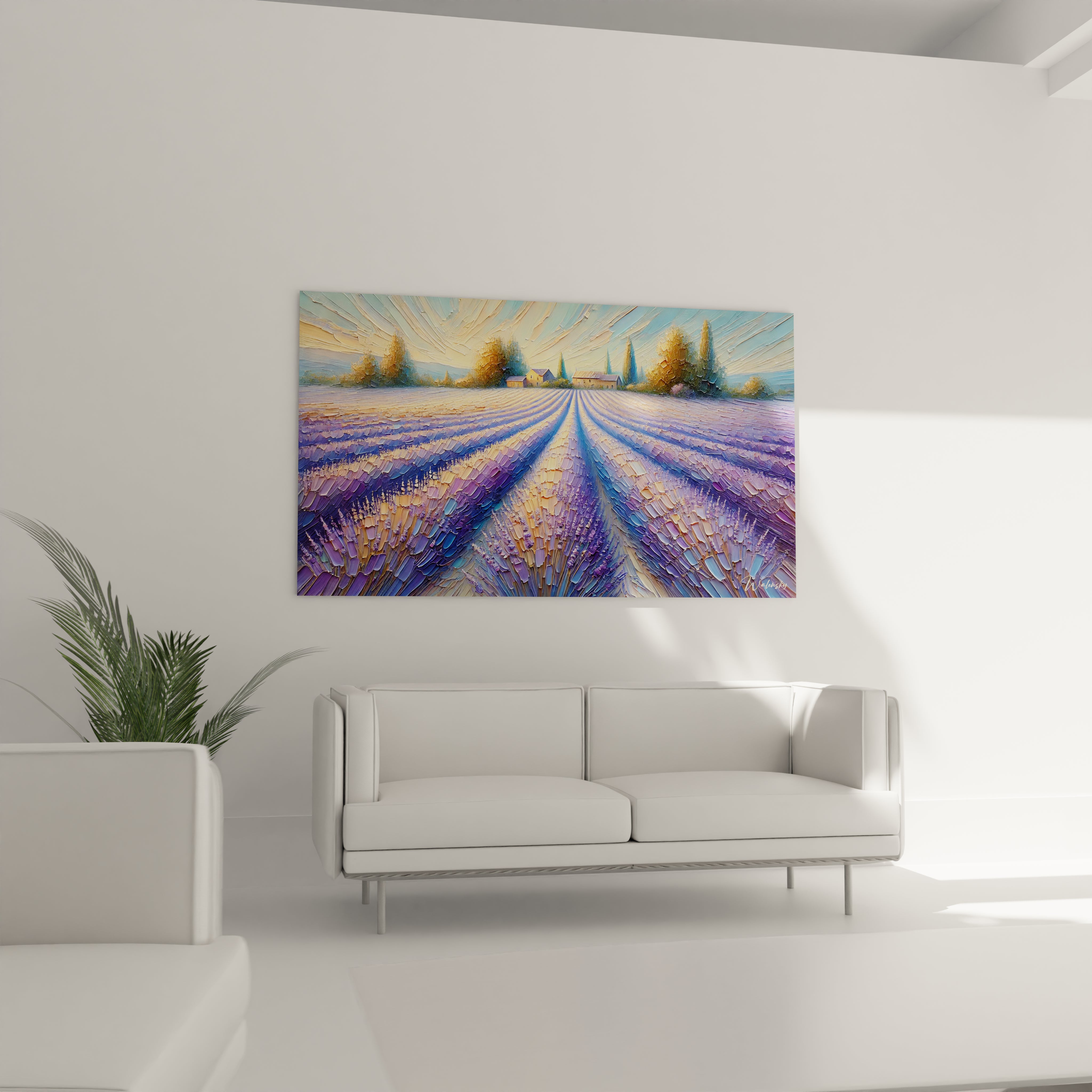 tableau campagne au mur dans un salon capturant la beaute de la campagne provencale ou les tons violets et bleus de la lavande creent une ambiance relaxante et contemporaine dans la piece

