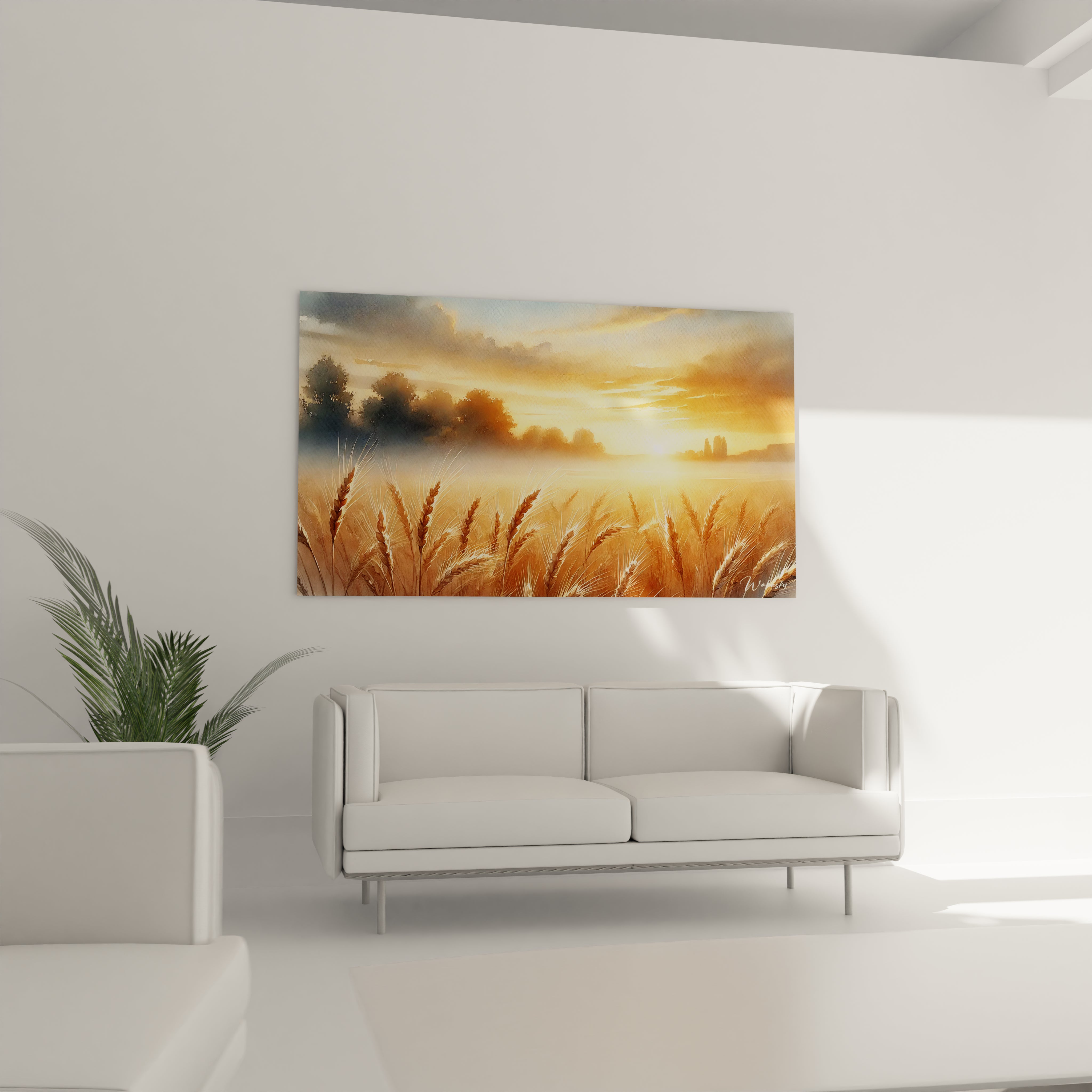 Au dessus du canape le tableau Campagne cree une ambiance de calme Les tons or et orange se melangent au bleu de l aube invitant a la contemplation dans le salon

