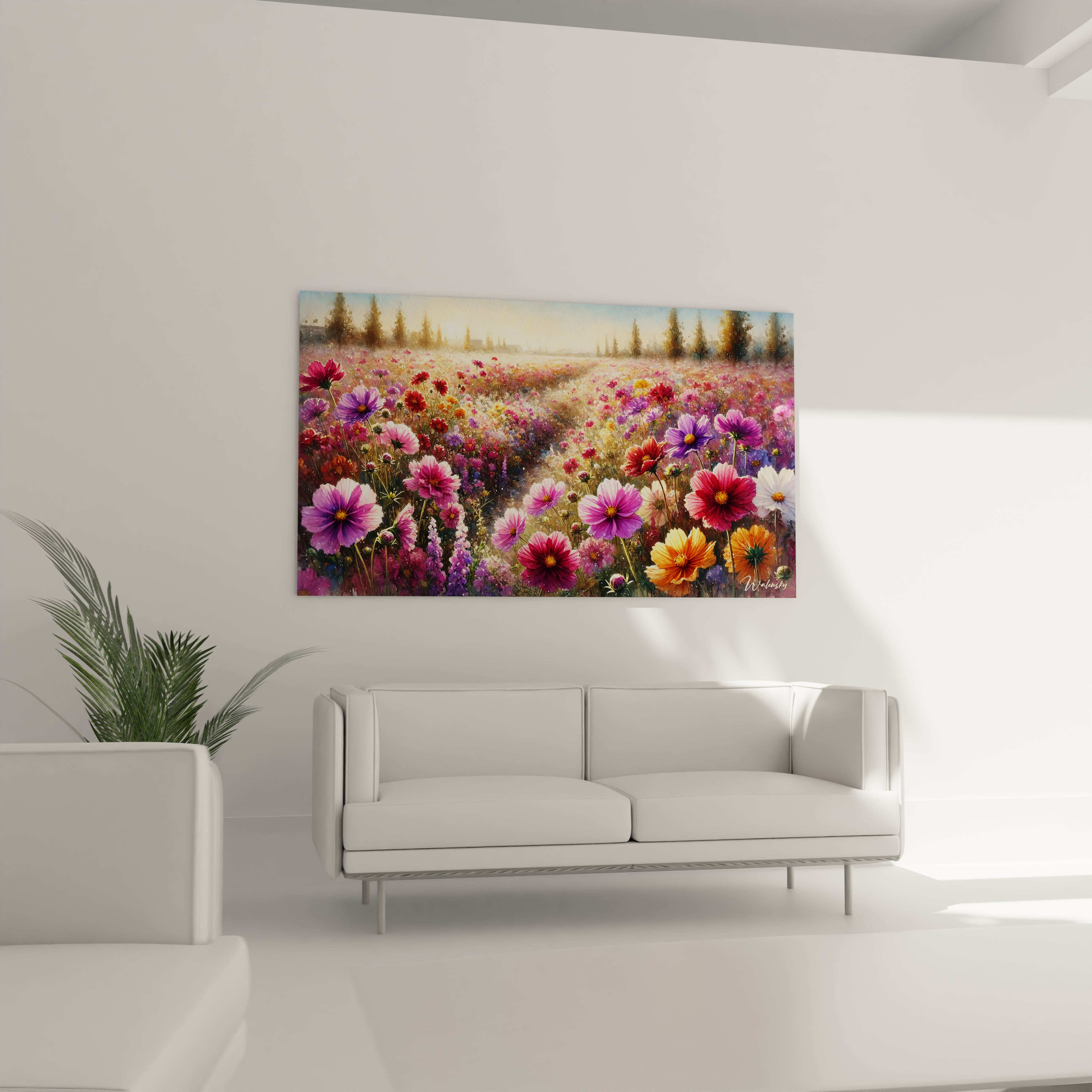 Le tableau campagne suspendu dans un salon au dessus du canape apporte une explosion de couleurs qui energise la piece fleurs sauvages et nuances d ete creent un effet visuel captivant et chaleureux

