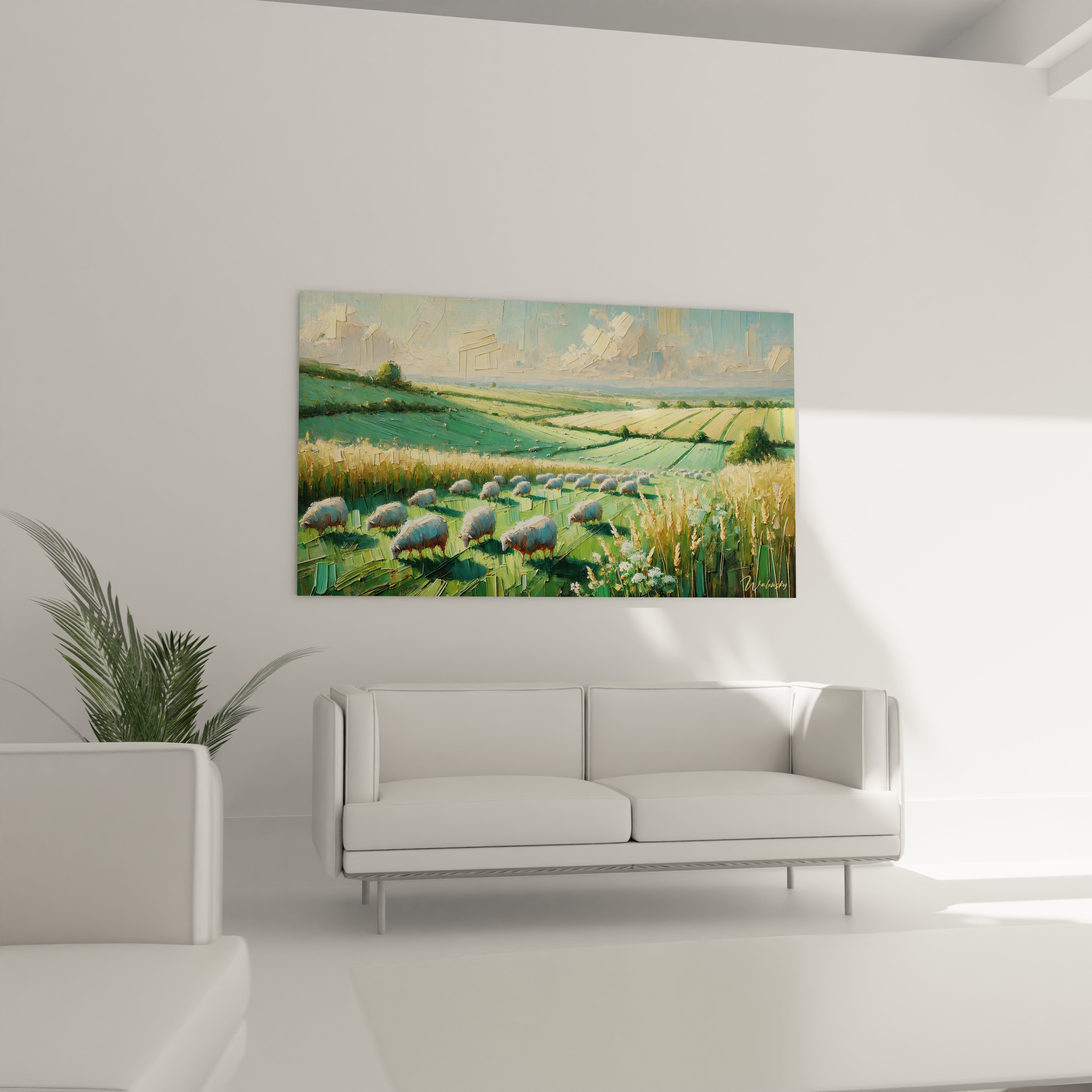 Ce tableau Campagne au-dessus du canape sublime le salon en apportant une scene bucolique verdoyante texturee et lumineuse un clin d oeil a la beaute naturelle des paysages ruraux

