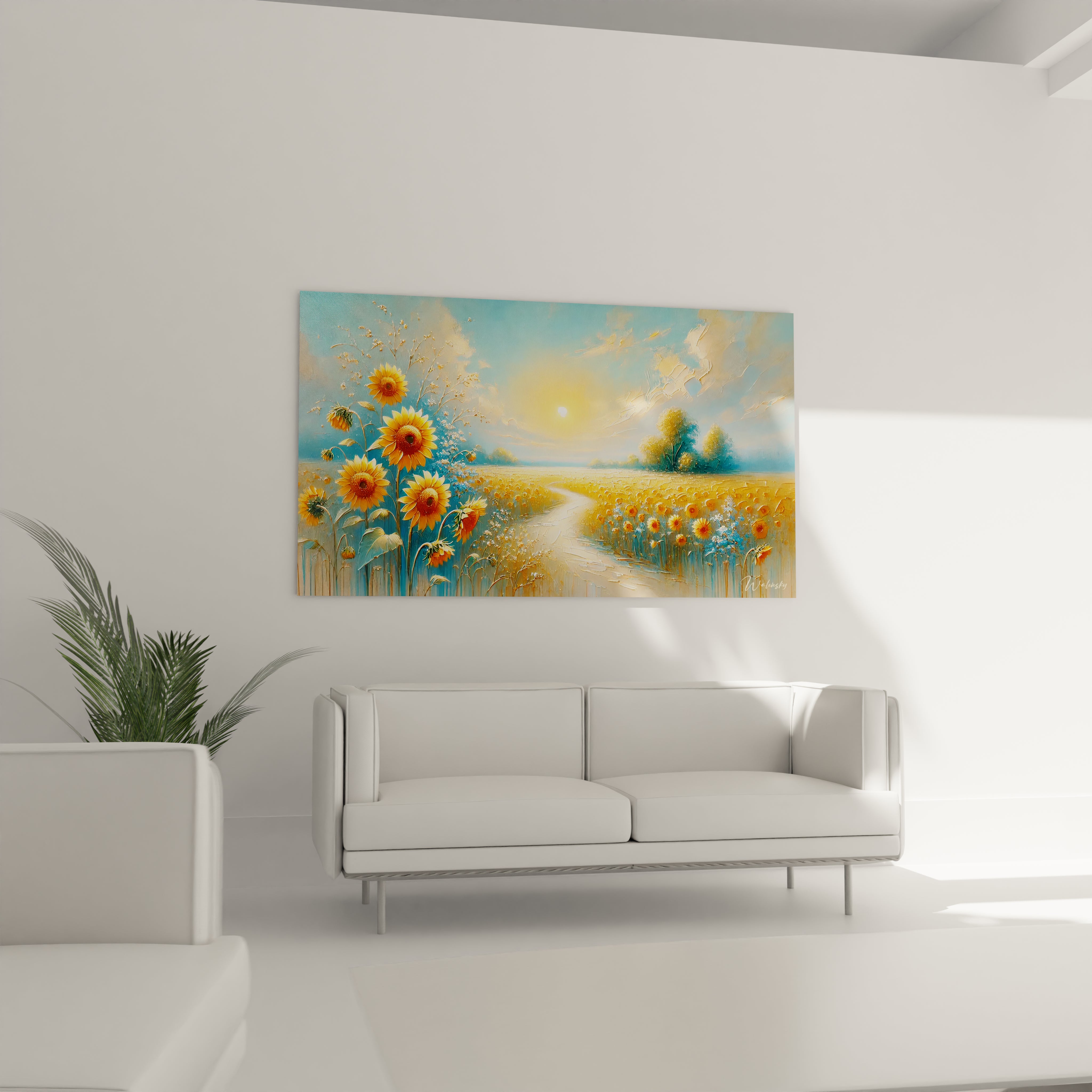 tableau Campagne dans un salon au dessus d un canape invite au calme les couleurs chaudes et realistes transportent vers les paysages ensoleilles de l ete

