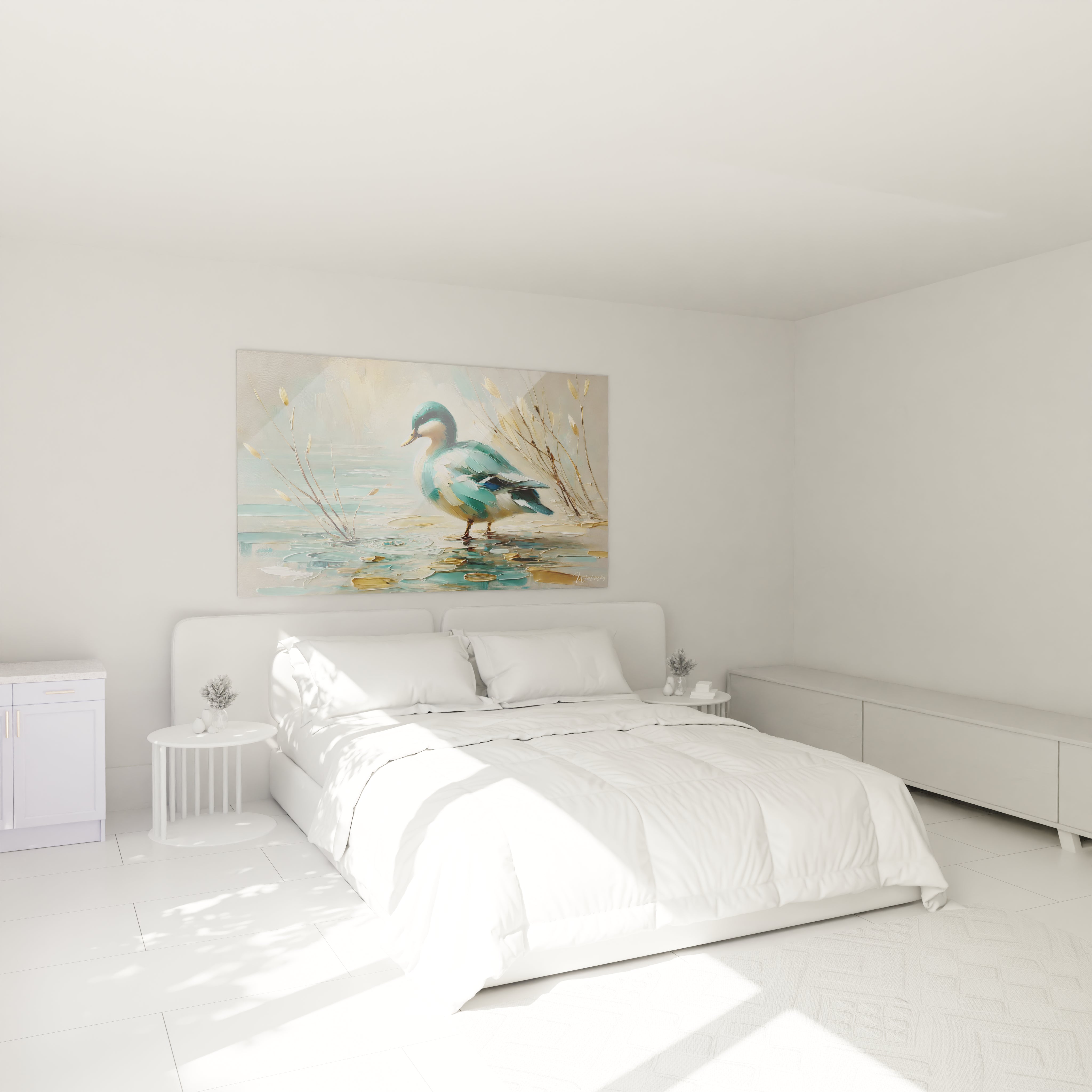 Dans la chambre, le tableau canard ajoute une touche de serenite au dessus du lit. Les tons bleu et beige creent un espace reposant et invitent a la contemplation et a l introspection

