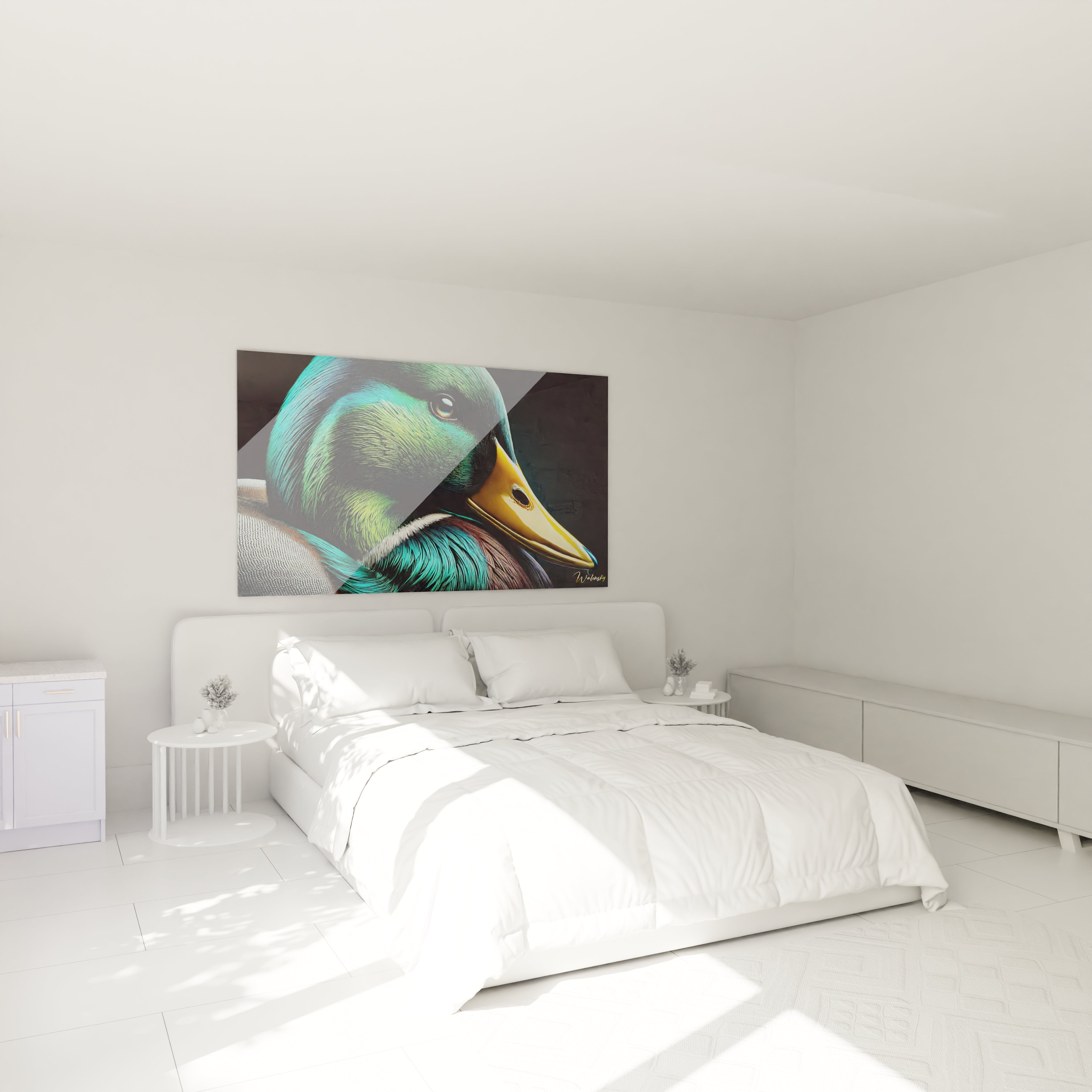 Dans la chambre, ce tableau canard ajoute une touche de nature et de serenite au-dessus du lit avec des tons de vert, bleu et jaune qui mettent en valeur la beaute du plumage de l’oiseau

