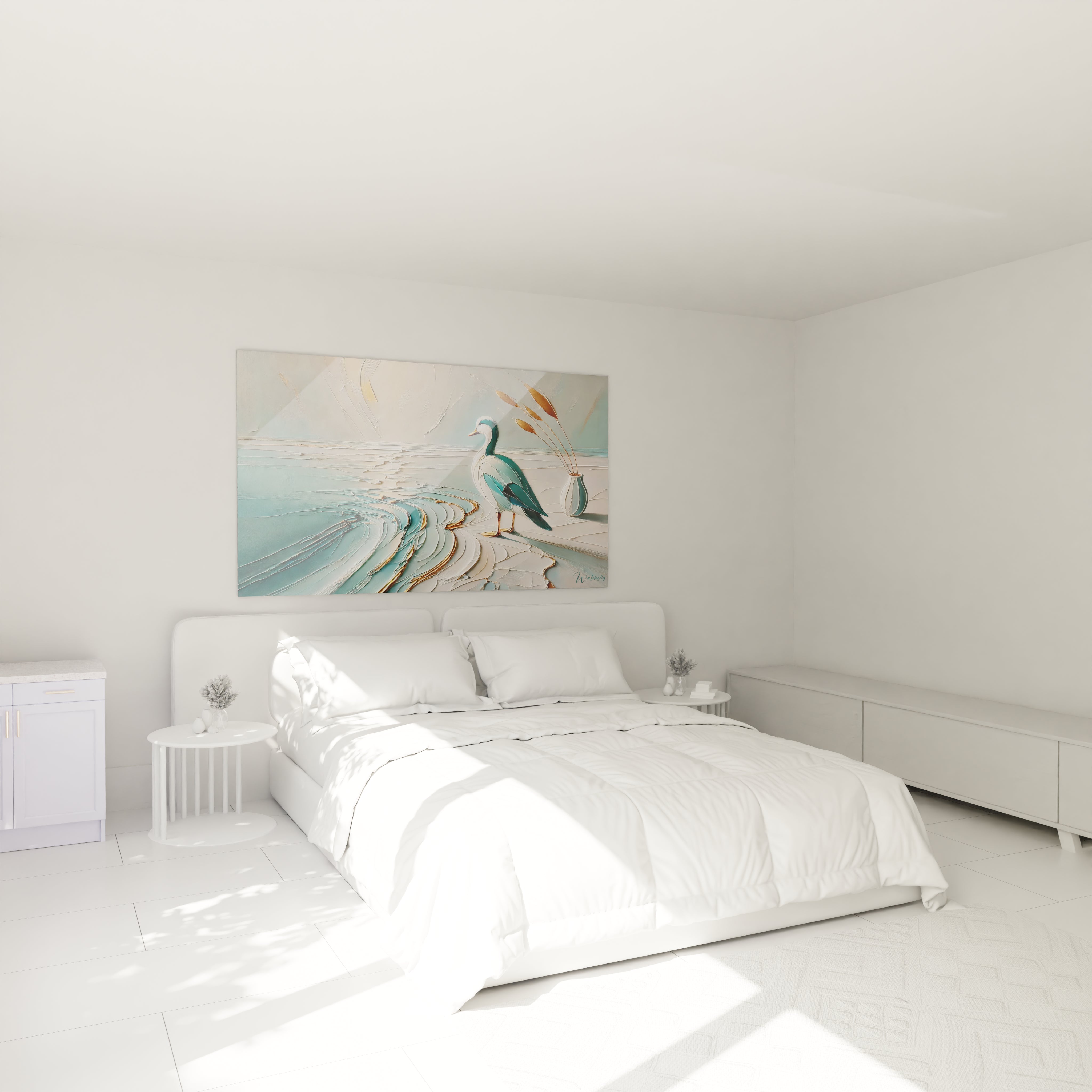 Dans cette chambre, le tableau canard au-dessus du lit invite a la contemplation. Avec ses teintes de bleu et d'or, il cree une ambiance paisible, ideal pour se ressourcer en fin de journee.

