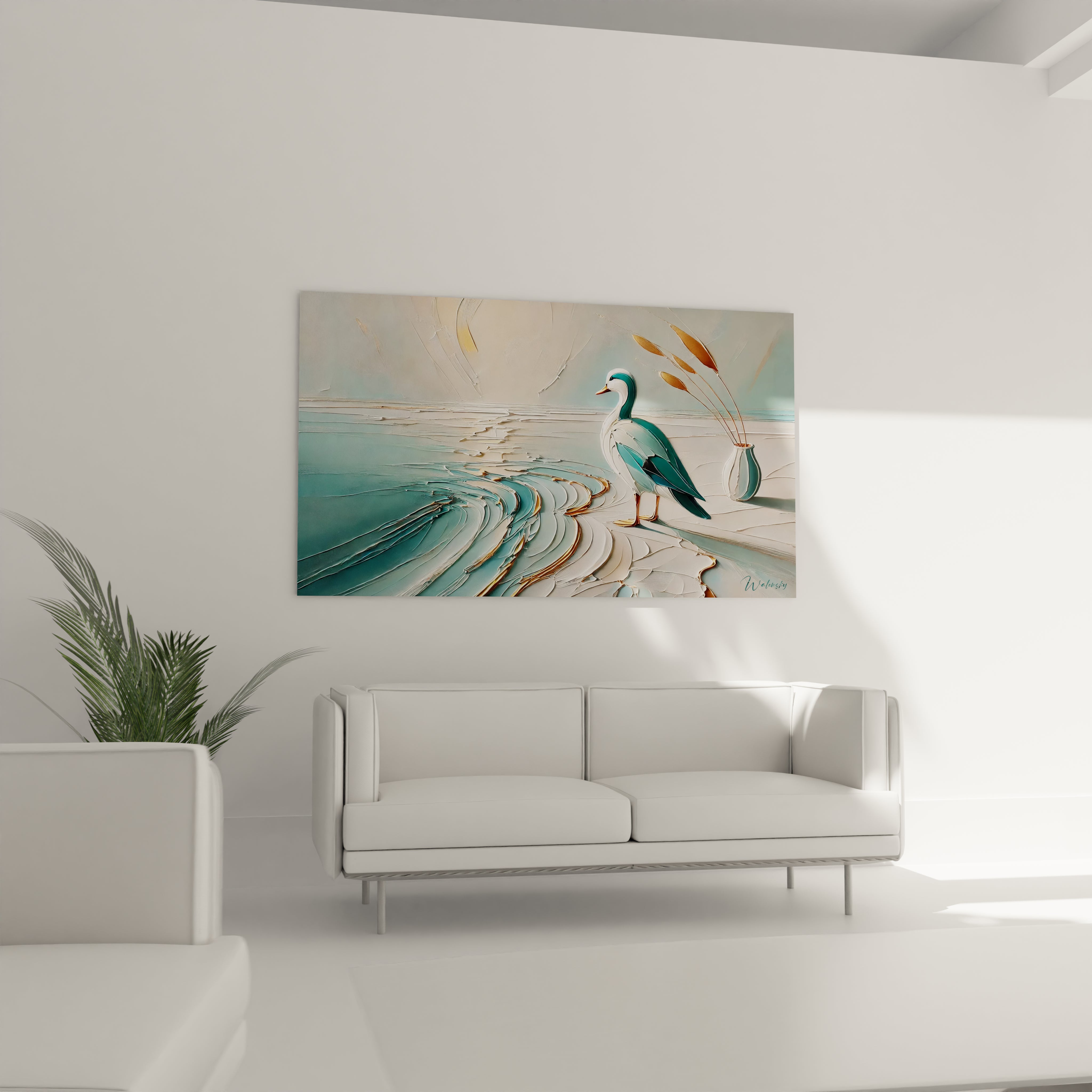 Ce tableau canard, accroche au-dessus du canape, ajoute une touche artistique au salon. Ses couleurs douces et ses textures abstraites offrent un espace de calme et de serenite dans votre interieur.

