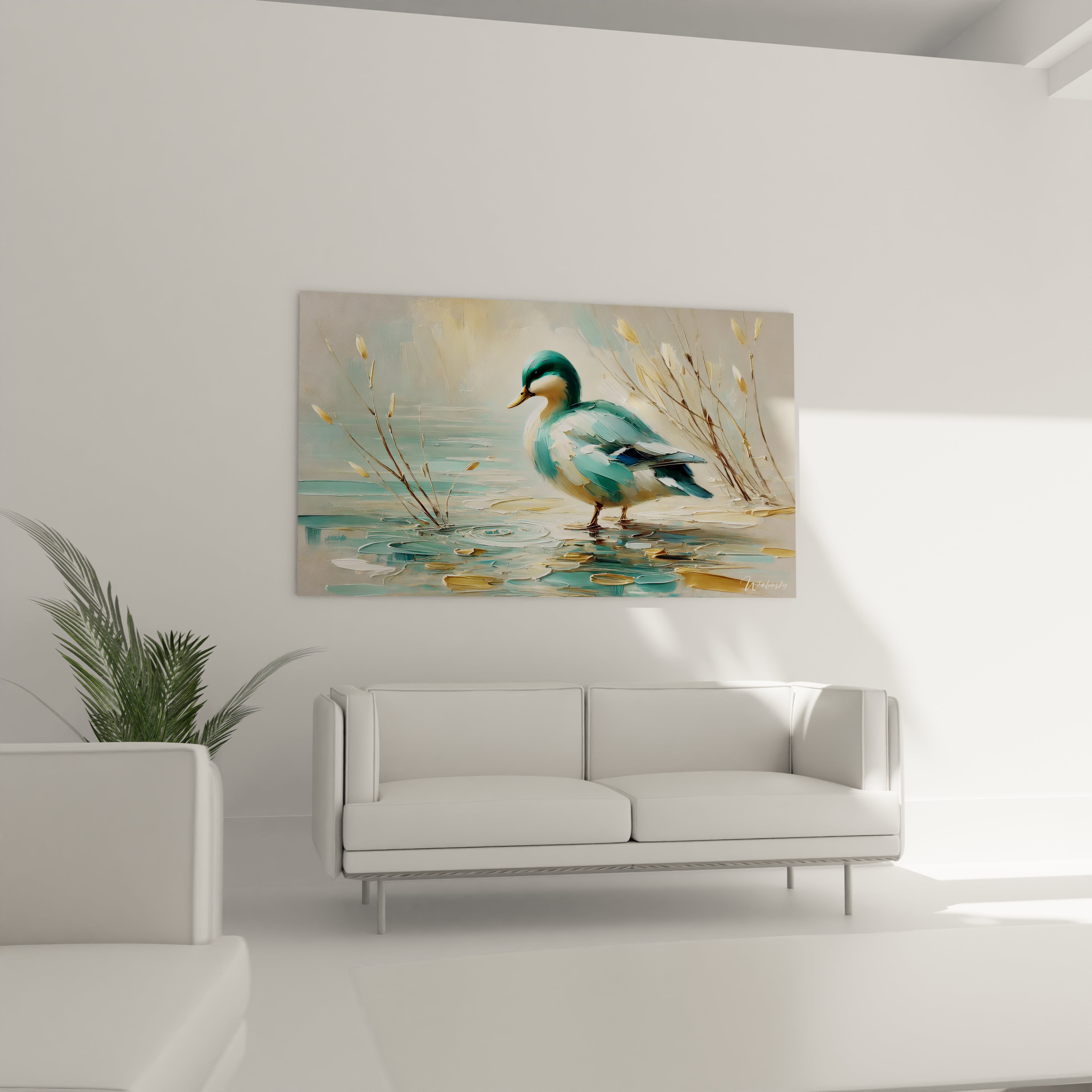 Ce tableau canard au dessus du canapé sublime le salon avec son harmonie de bleu et beige. Une œuvre douce et contemporaine, parfaite pour apporter calme et elegance a votre decoration

