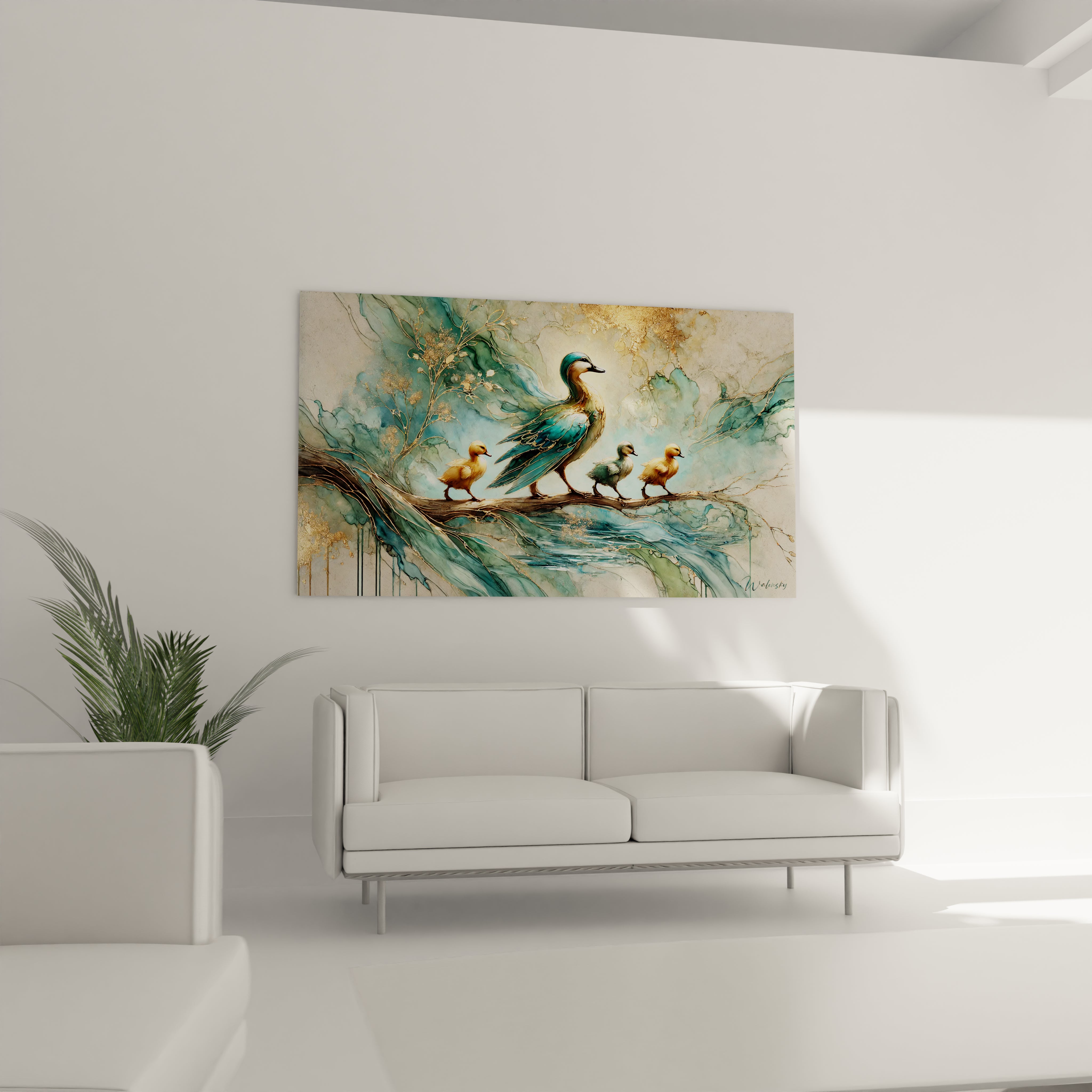 Tableau canard dans un salon au dessus du canape. Ce tableau apporte une douceur naturelle et un charme unique grace aux nuances de bleu et d'or, ajoutant chaleur et elegance a votre interieur


