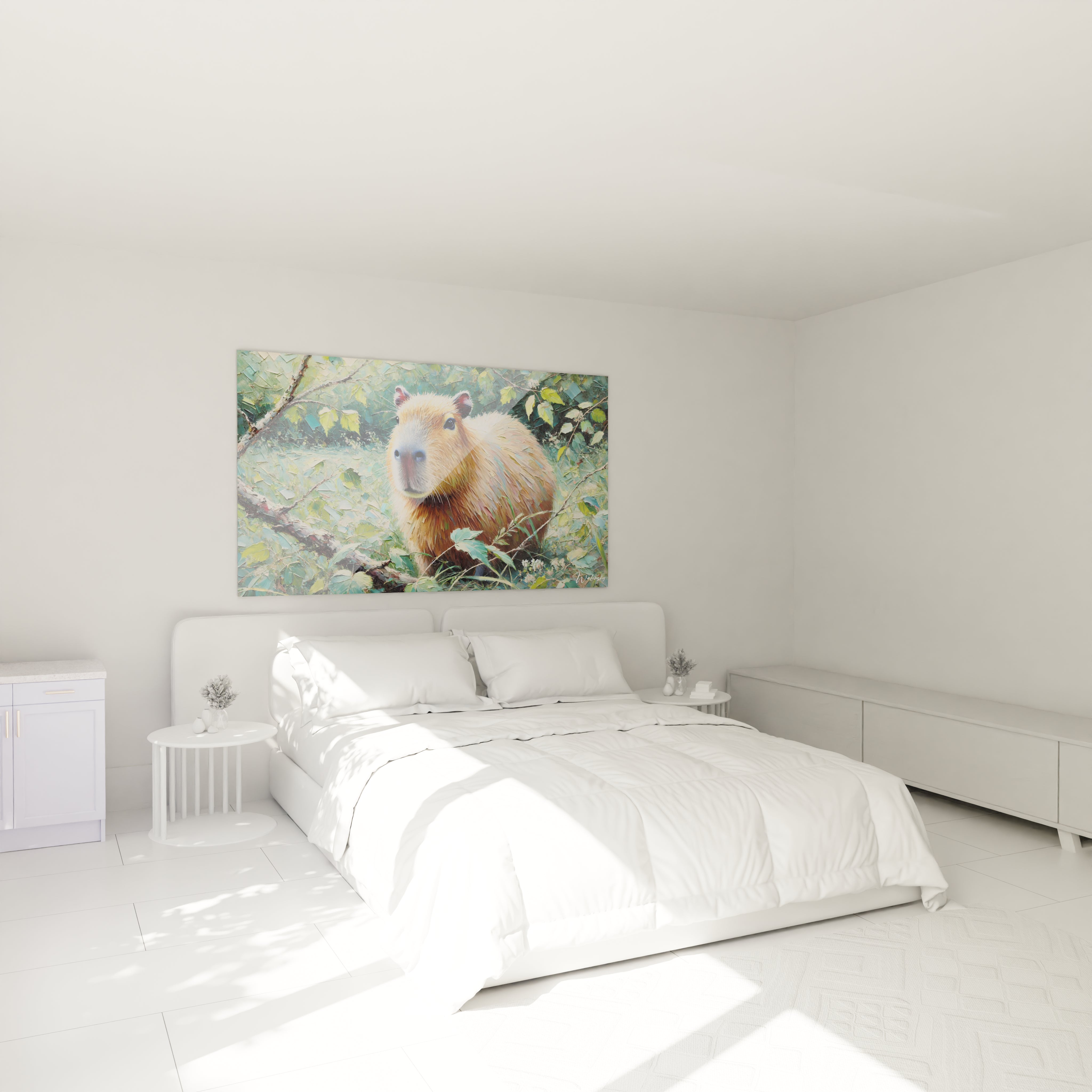 Ajoutez une touche apaisante a votre chambre avec ce tableau capybara au dessus du lit. La serenite de cet animal au milieu de la nature apporte calme et equilibre a votre espace interieur.

