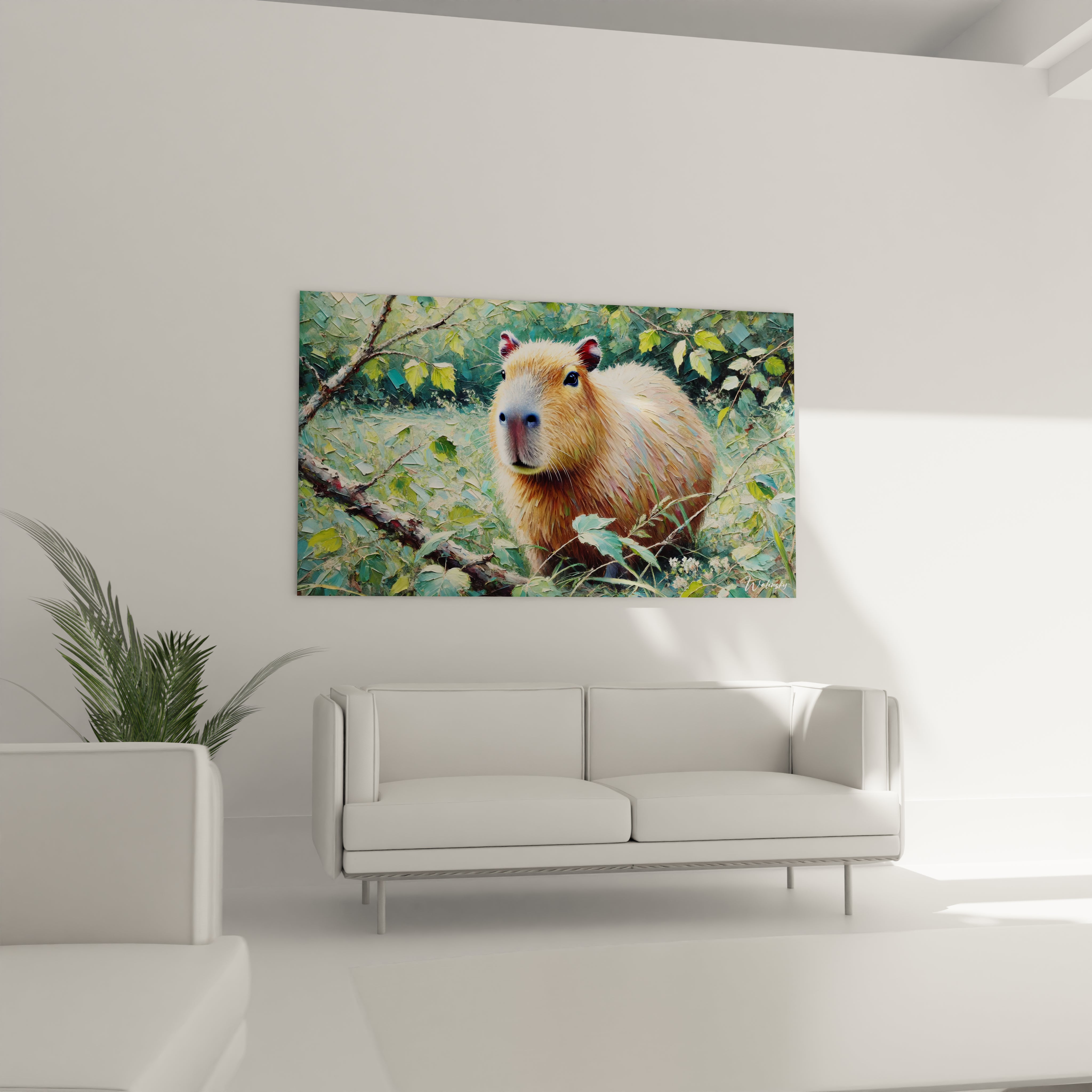 Ce tableau capybara suspendu au dessus d un canape transforme instantanément votre salon. La beaute simple de l animal et son environnement naturel apportent une touche de serenite et d harmonie.

