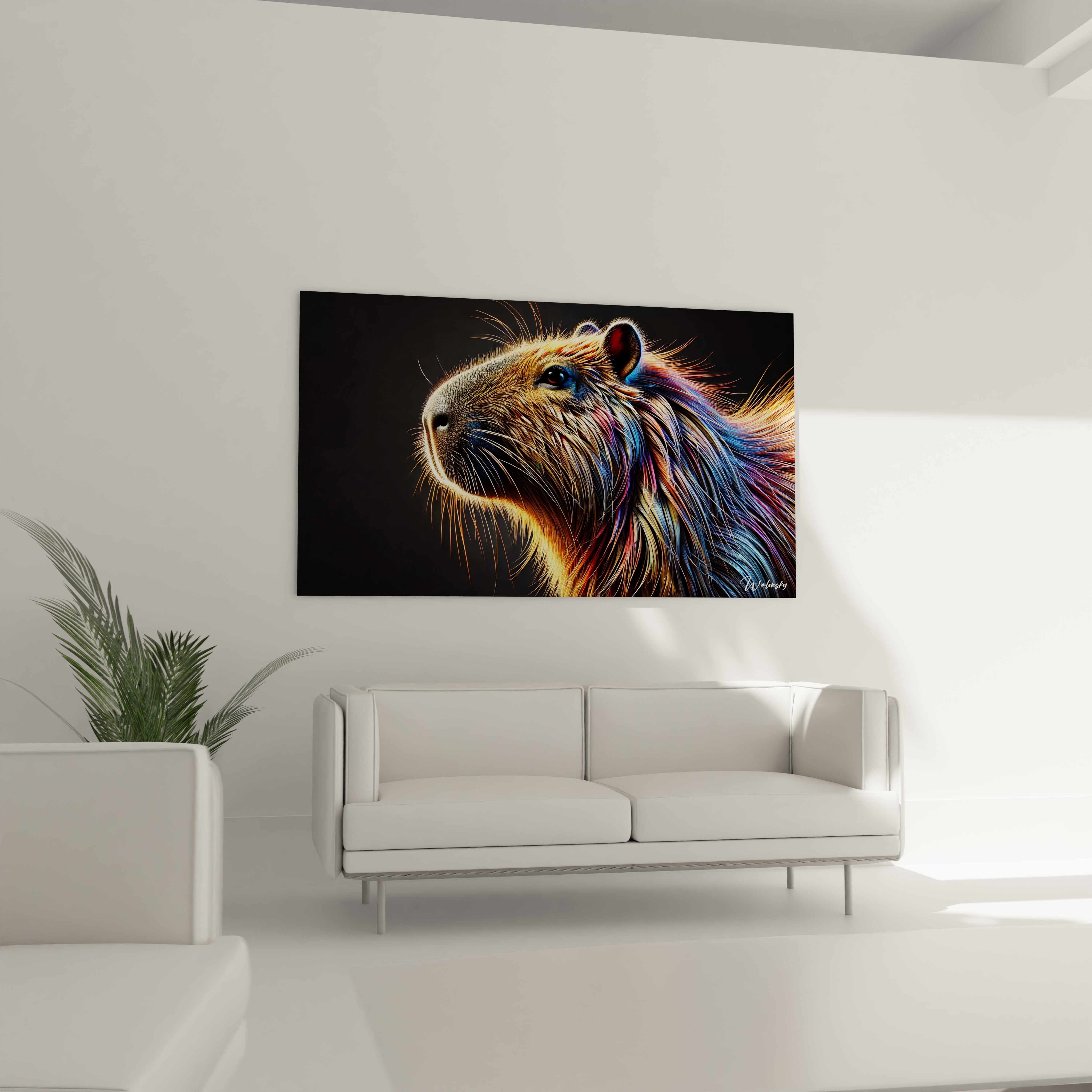 Dans le salon au-dessus du canapé, ce tableau capybara attire tous les regards avec ses couleurs éclatantes et son style artistique vibrant. Un ajout parfait pour un décor contemporain.

