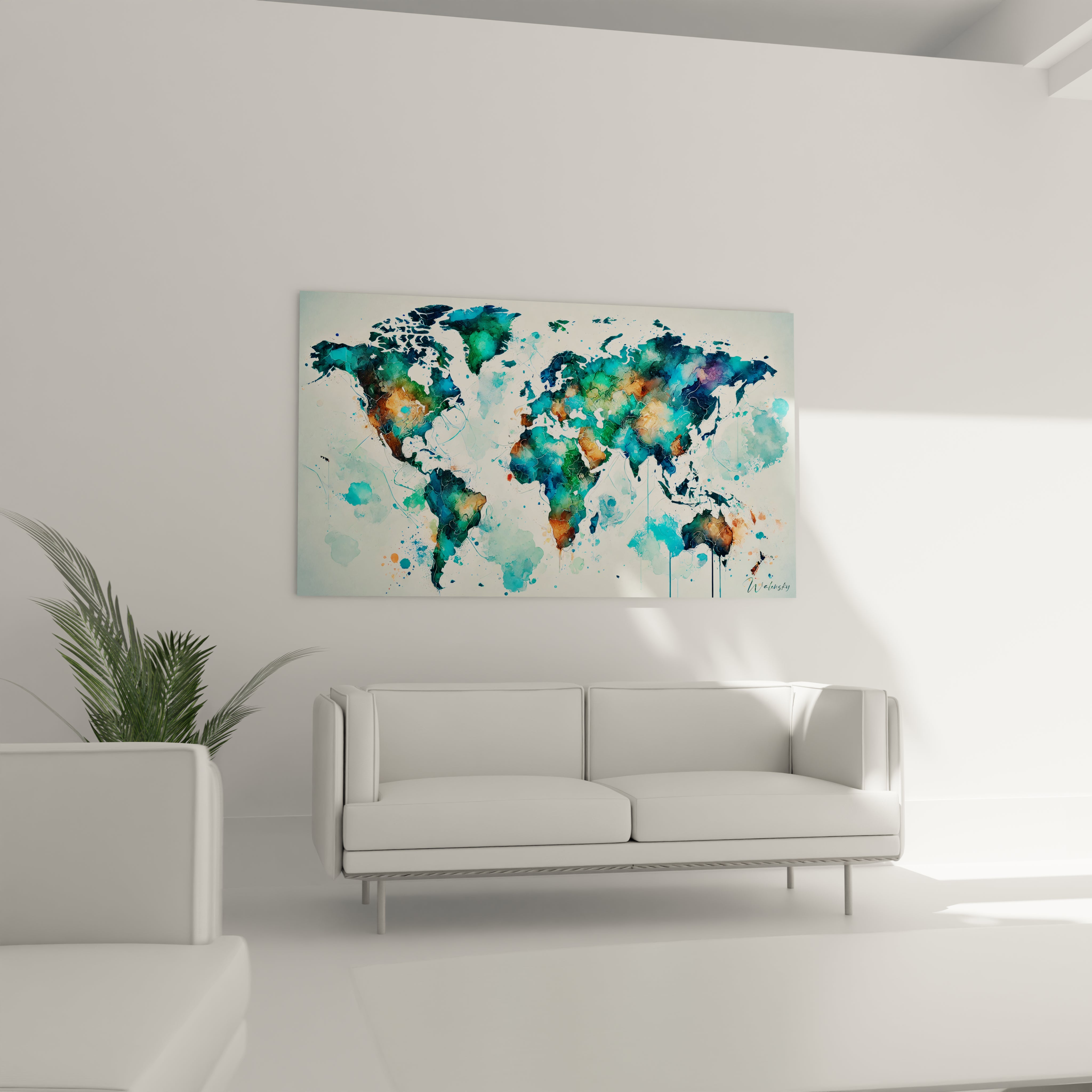 tableau carte du monde suspendu au mur dans un salon au dessus d un canapé grandes dimensions couleurs vives bleu vert et orange style aquarelle donnant vie à l espace et ajoutant une touche artistique

