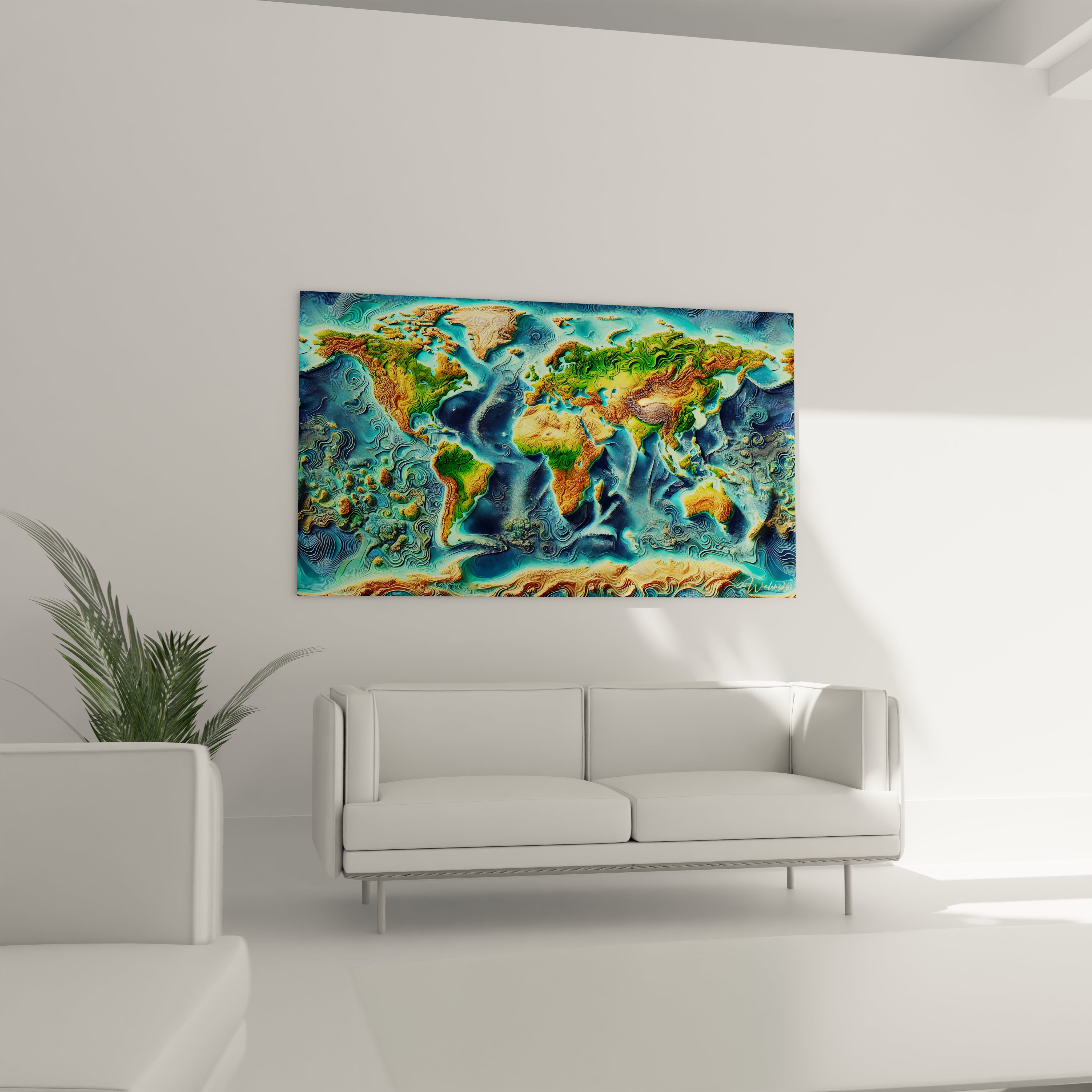 tableau carte du monde dans un salon au dessus dun canape representation semi abstraite des continents et des vagues nuances terreuses et oceaniques effet focal vibrant et decoratif design moderne

