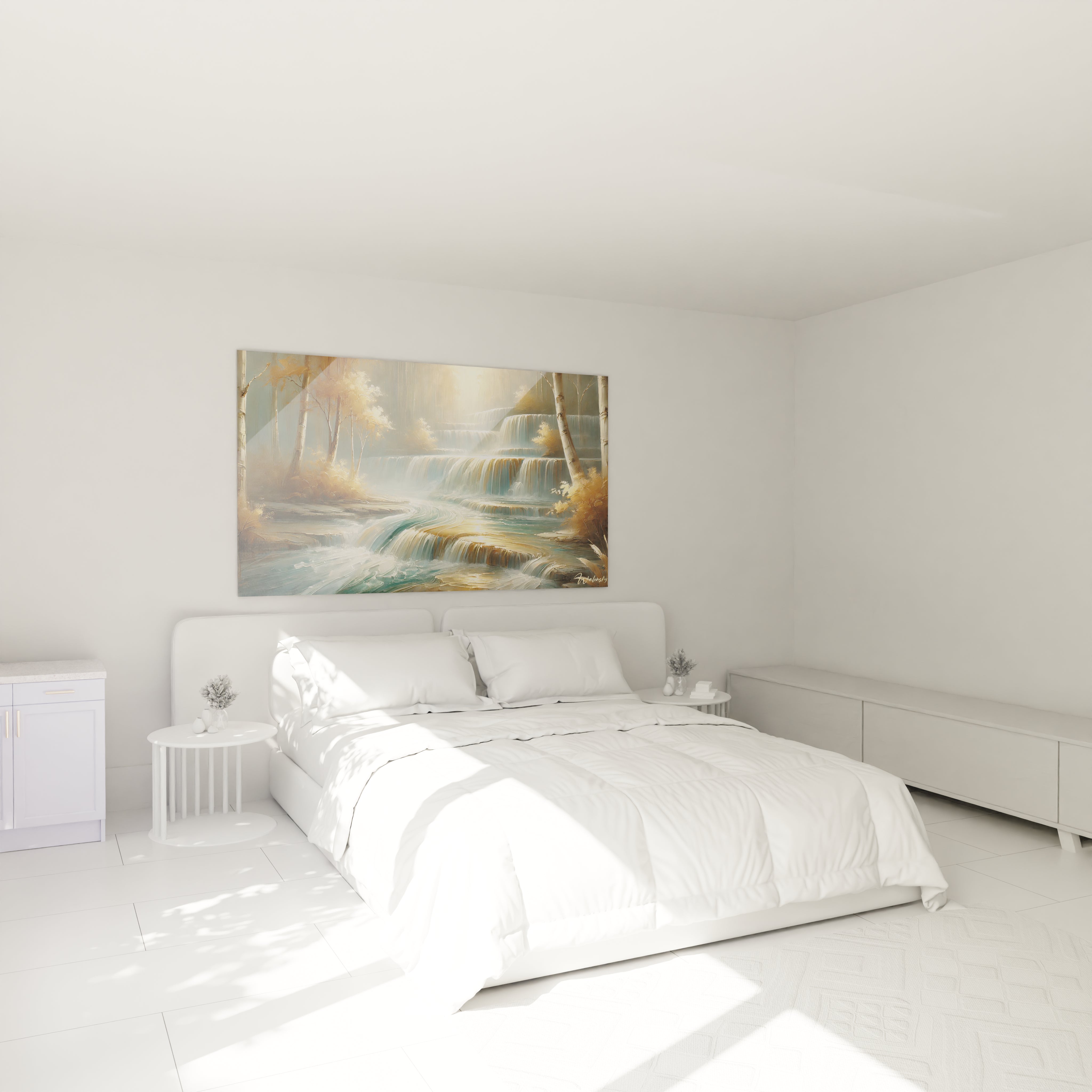 Dans cette chambre au decor apaisant le Tableau Cascade suspendu au dessus du lit apporte une serenite naturelle grace aux nuances dorees et bleues rappelant la beaute de la nature

