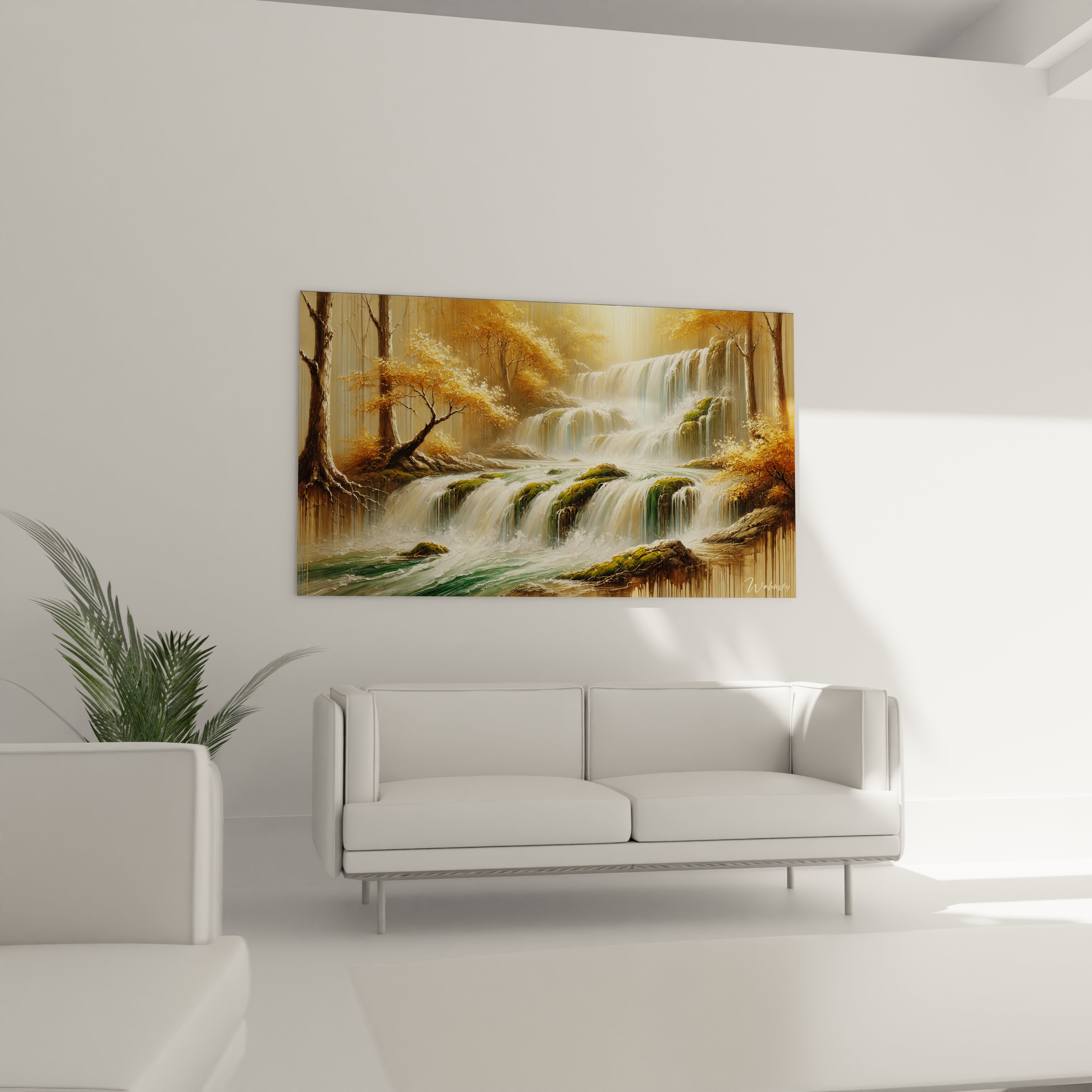 Tableau Cascade dans un salon : ideal au-dessus du canape, ce tableau illumine votre salon avec une scene naturelle et majestueuse, capturant l essence de cascades et d arbres dores

