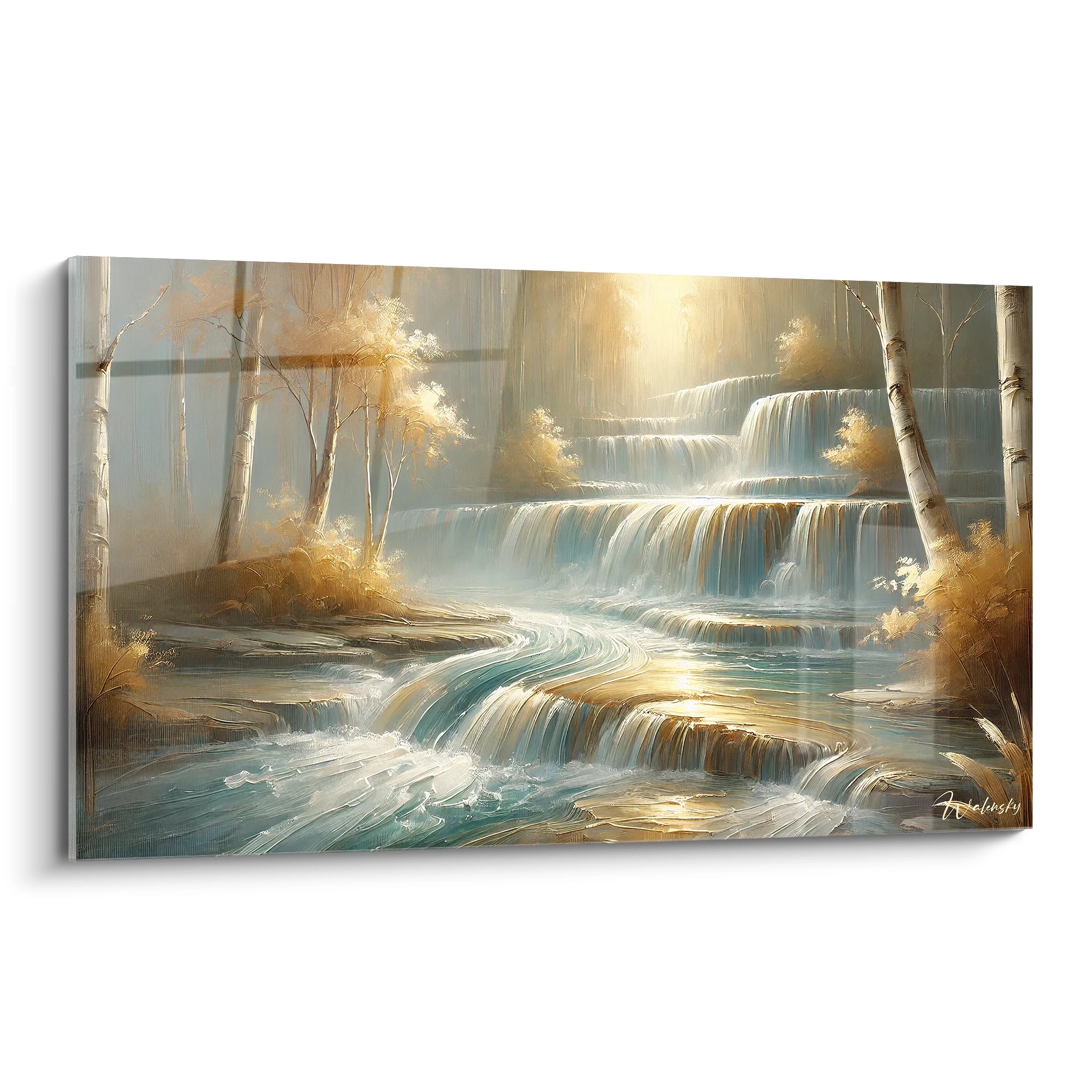 Tableau Cascade vu de biais montrant des details realistes et touches dorees evoquant la serenite d'une cascade dans une foret onirique ideale pour ajouter une touche apaisante a votre interieur

