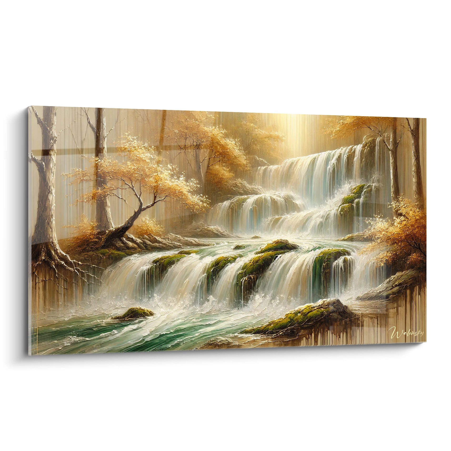 Tableau Cascade vu de biais : capturez la serenite et la puissance de la nature avec des chutes d eau et une lumiere doree qui illumine les arbres, ideal pour un interieur apaisant

