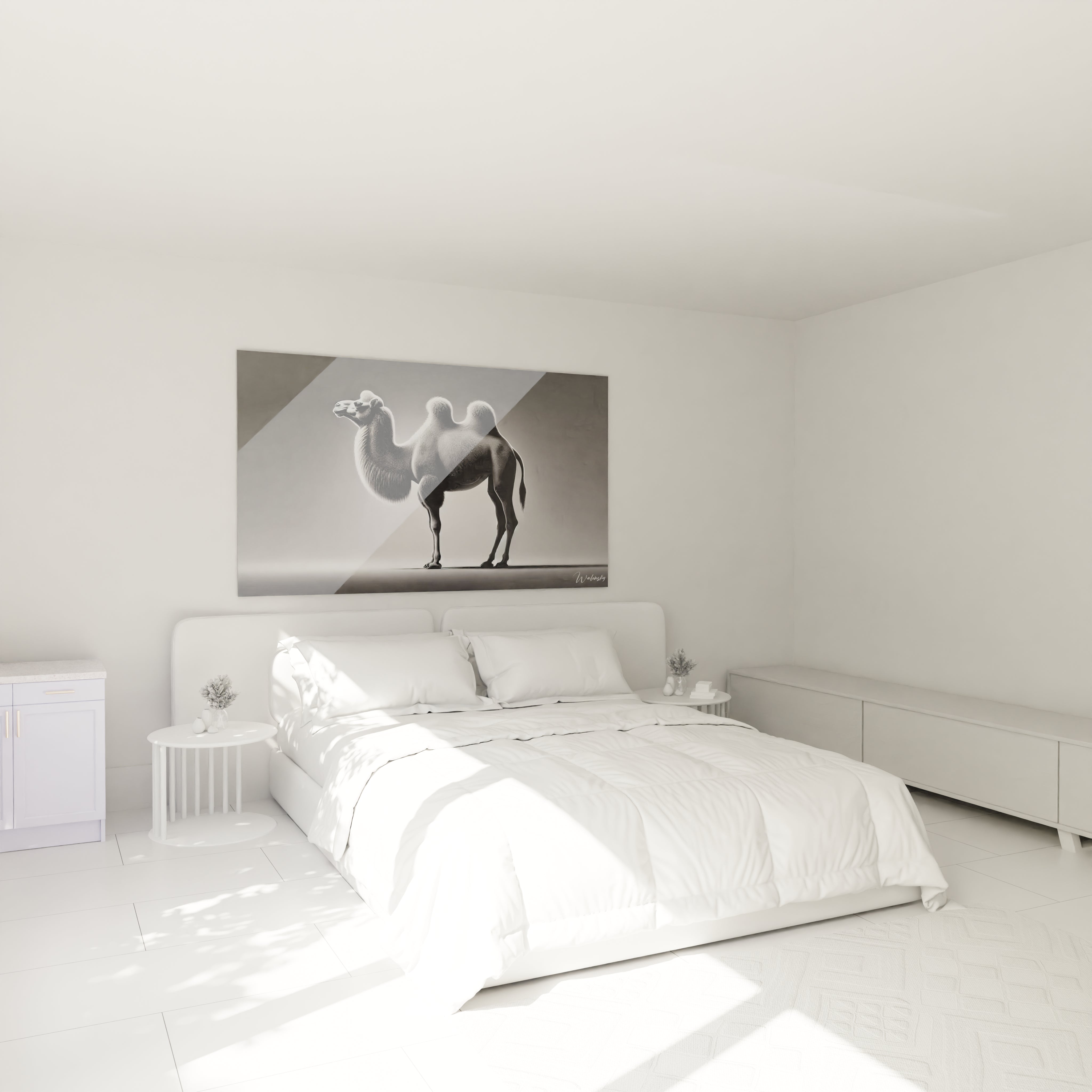 accroche dans une chambre, ce tableau chameau sublime la decoration avec ses nuances de gris et blanc. Ideal au dessus d'un lit, il apporte une touche apaisante et elegante a l'espace.

