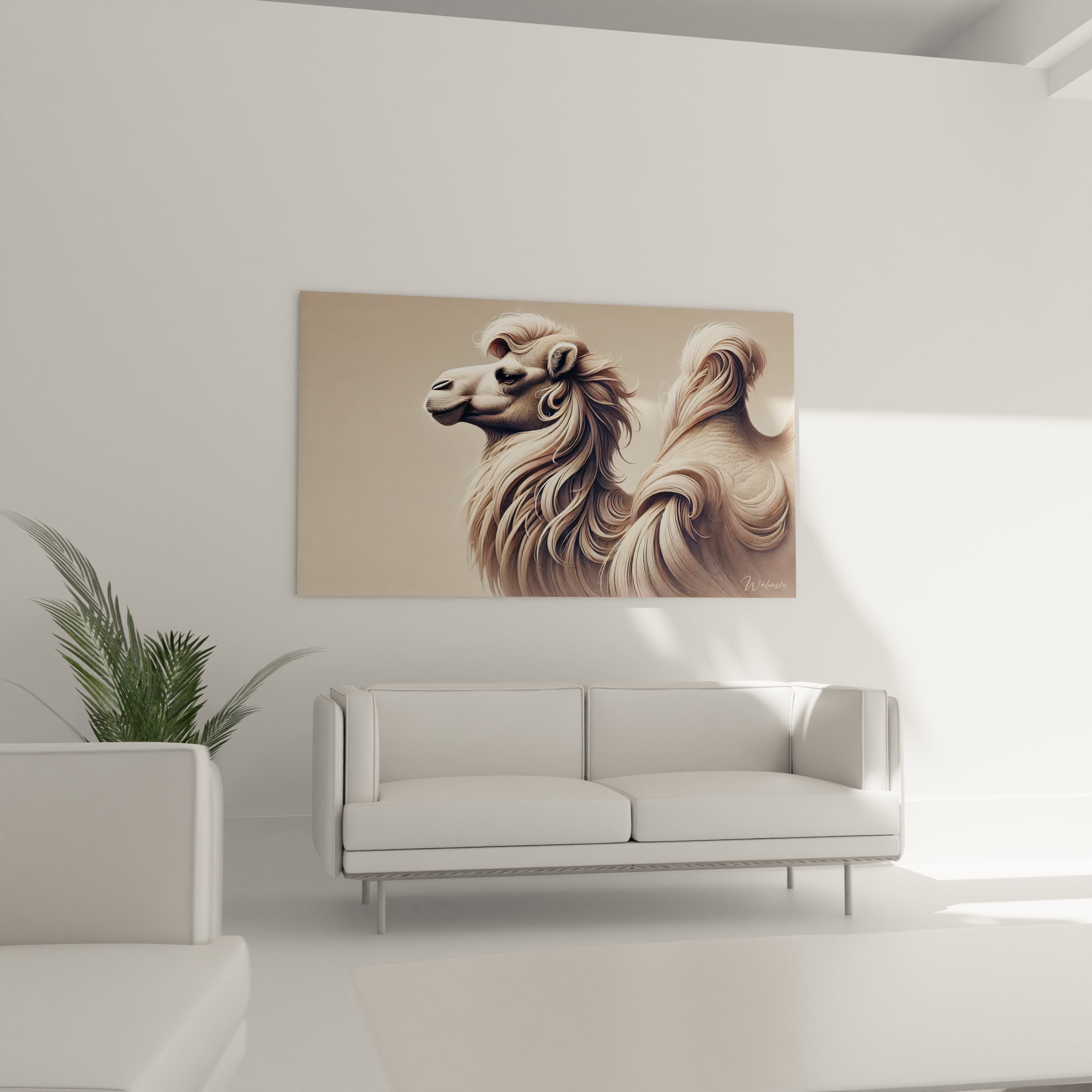 Un tableau chameau dans le salon, au-dessus du canapé. Il met en avant la force tranquille de cet animal, avec des couleurs qui rappellent les tons naturels du désert.

