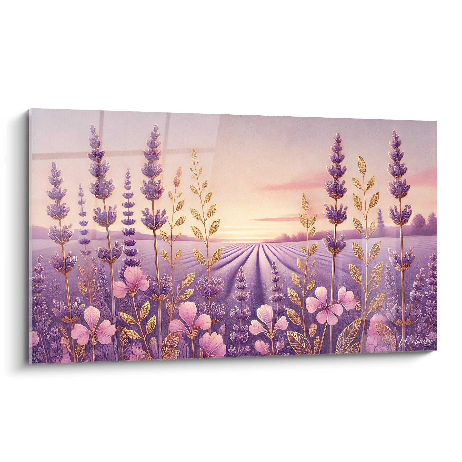 Tableau Champs de Lavande vu de biais avec ses teintes violettes profondes et touches dorées Un hommage à la Provence qui invite à la contemplation et évoque la beauté paisible des paysages provençaux

