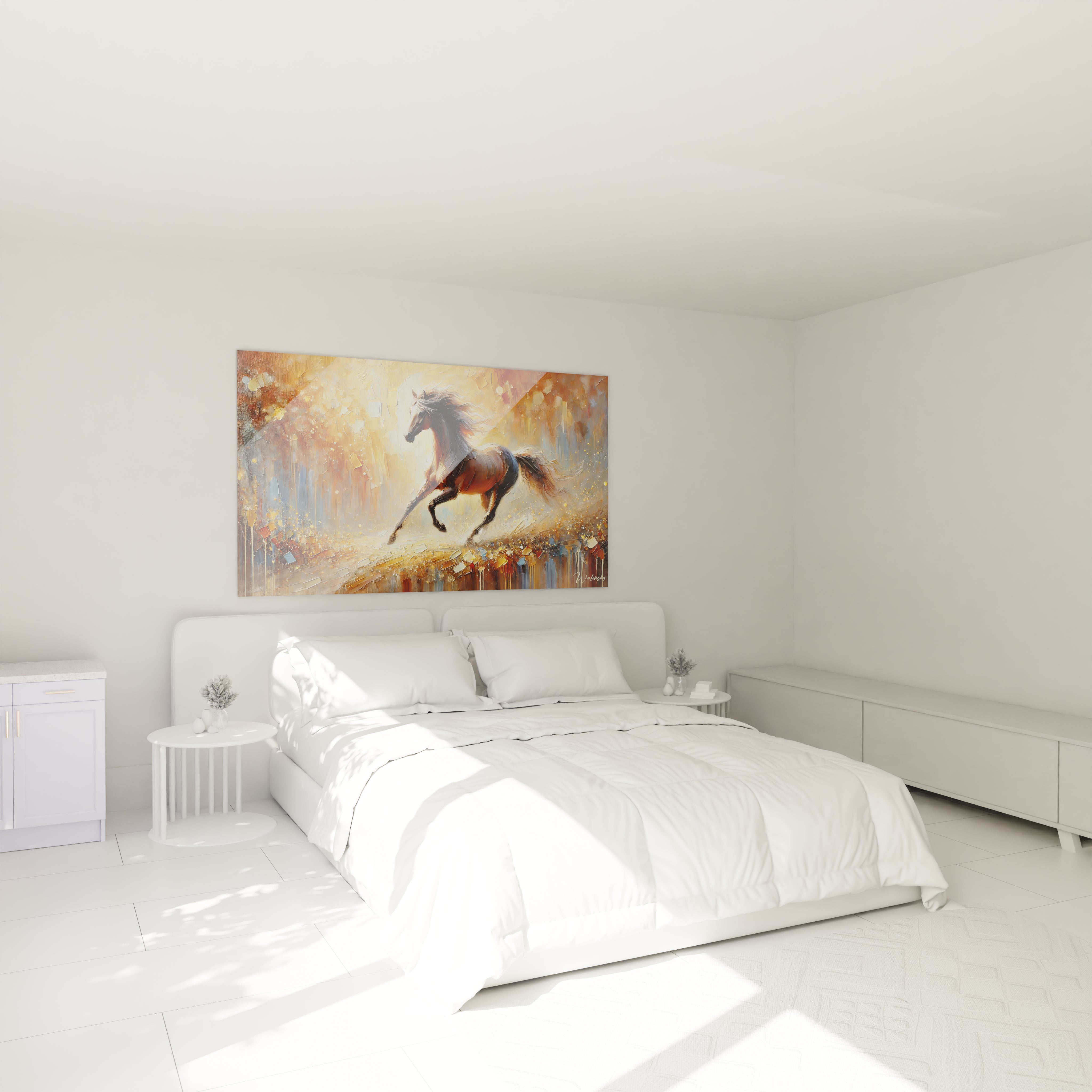 Sublimez votre chambre avec ce tableau cheval accroché au mur au-dessus du lit. La scène lumineuse et colorée évoque la liberté, ajoutant une touche dynamique à votre décoration.

