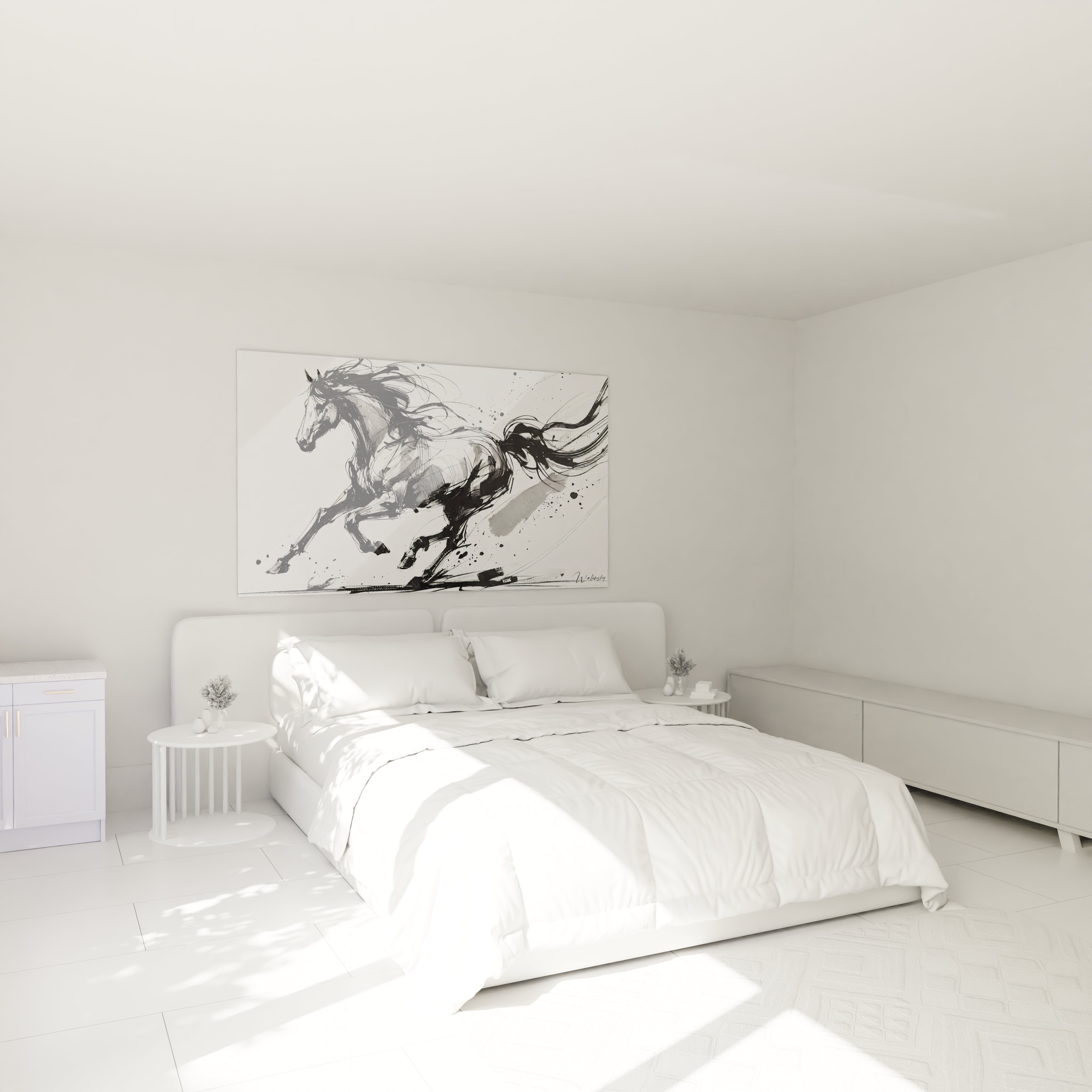 Accroché au mur au-dessus du lit, ce tableau cheval apporte une touche de dynamisme et d'élégance à la chambre. Son design minimaliste en noir et gris crée un contraste subtil avec le décor intérieur.

