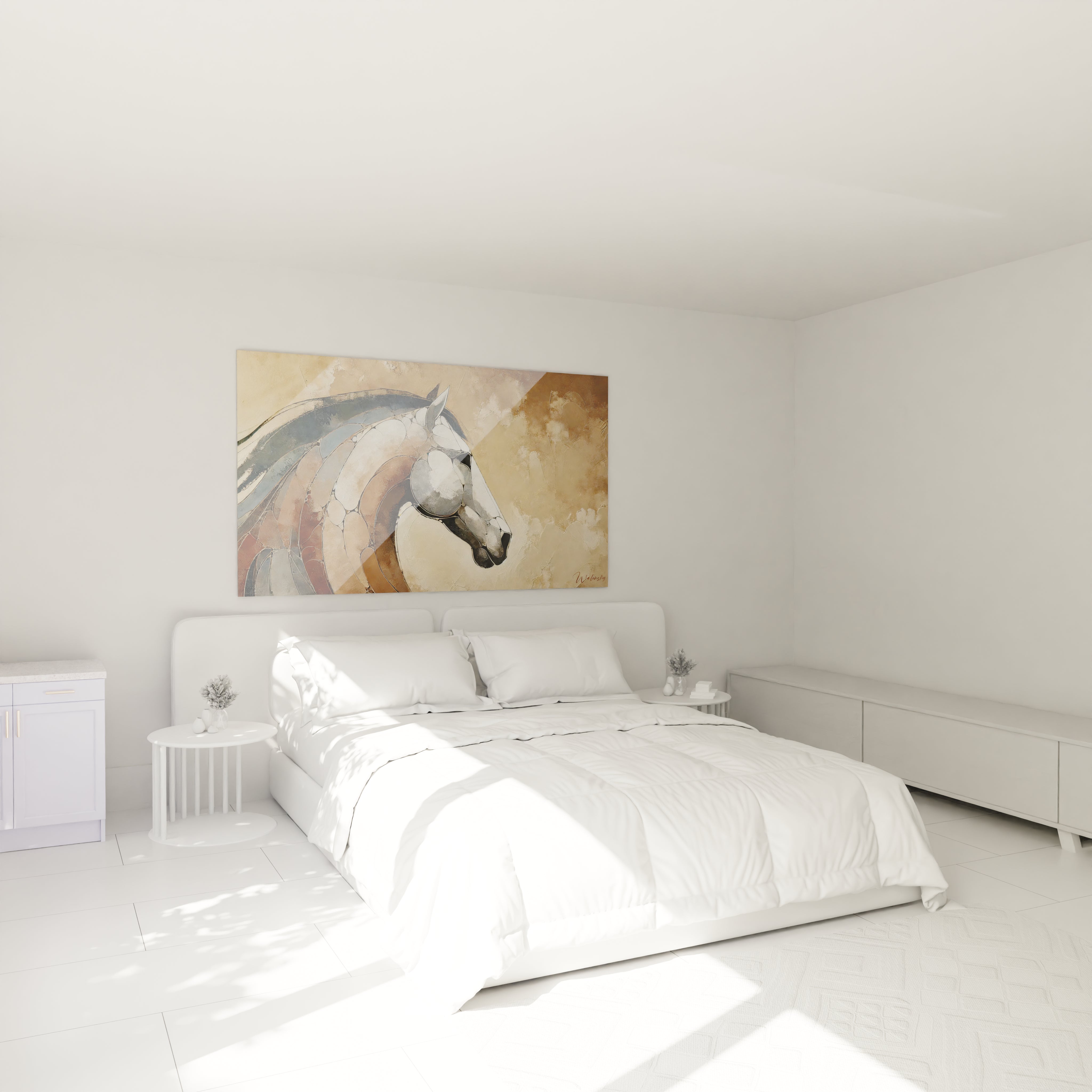 Accroché au-dessus d’un lit, ce tableau cheval devient la pièce maîtresse d'une chambre moderne et apaisante. Sa palette de tons doux et neutres complète parfaitement l'ambiance zen de l'espace.

