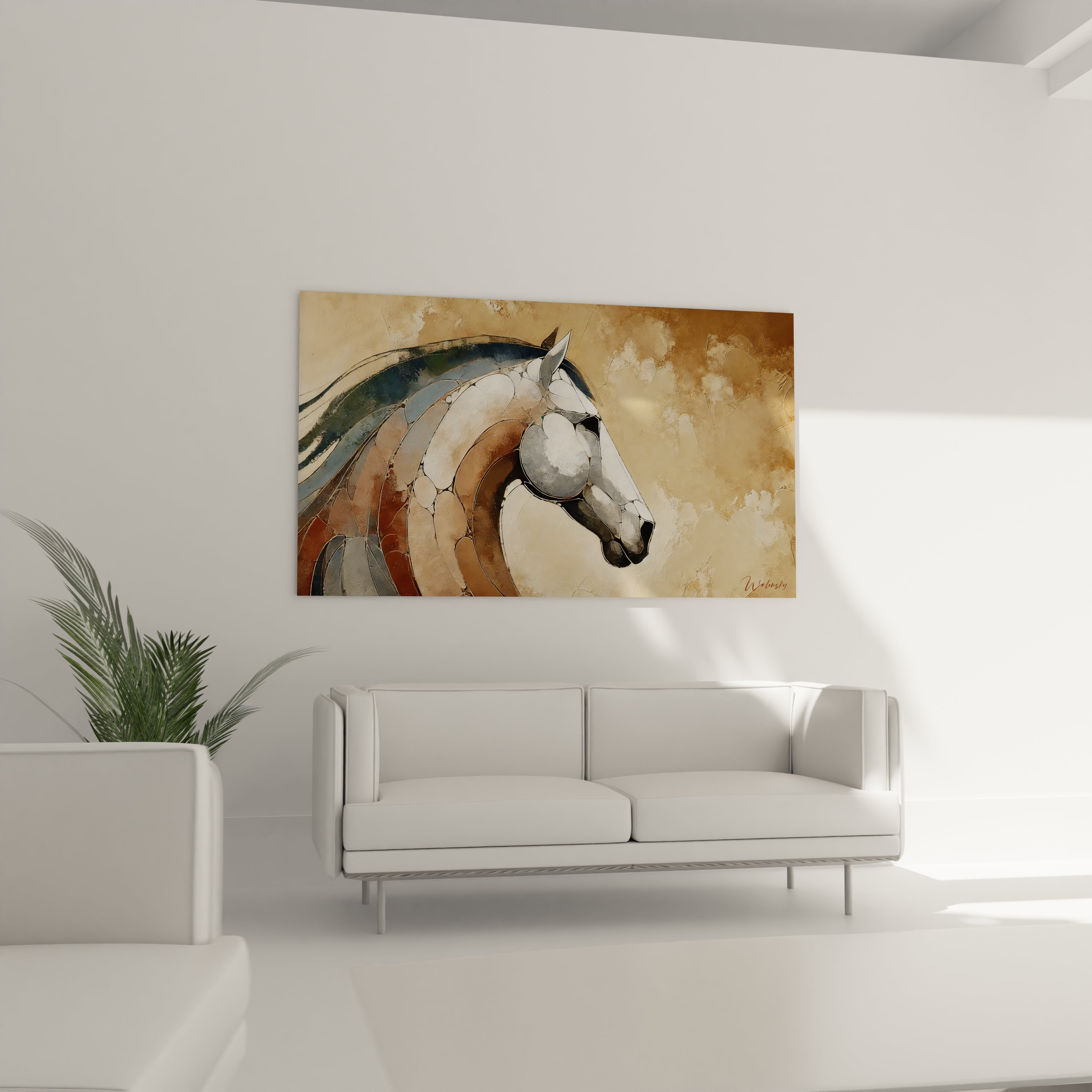 Placé au-dessus d’un canapé, ce tableau cheval sublime le salon en créant une atmosphère sophistiquée et contemporaine. Ses formes épurées et ses couleurs neutres s'intègrent harmonieusement dans tout décor minimaliste.

