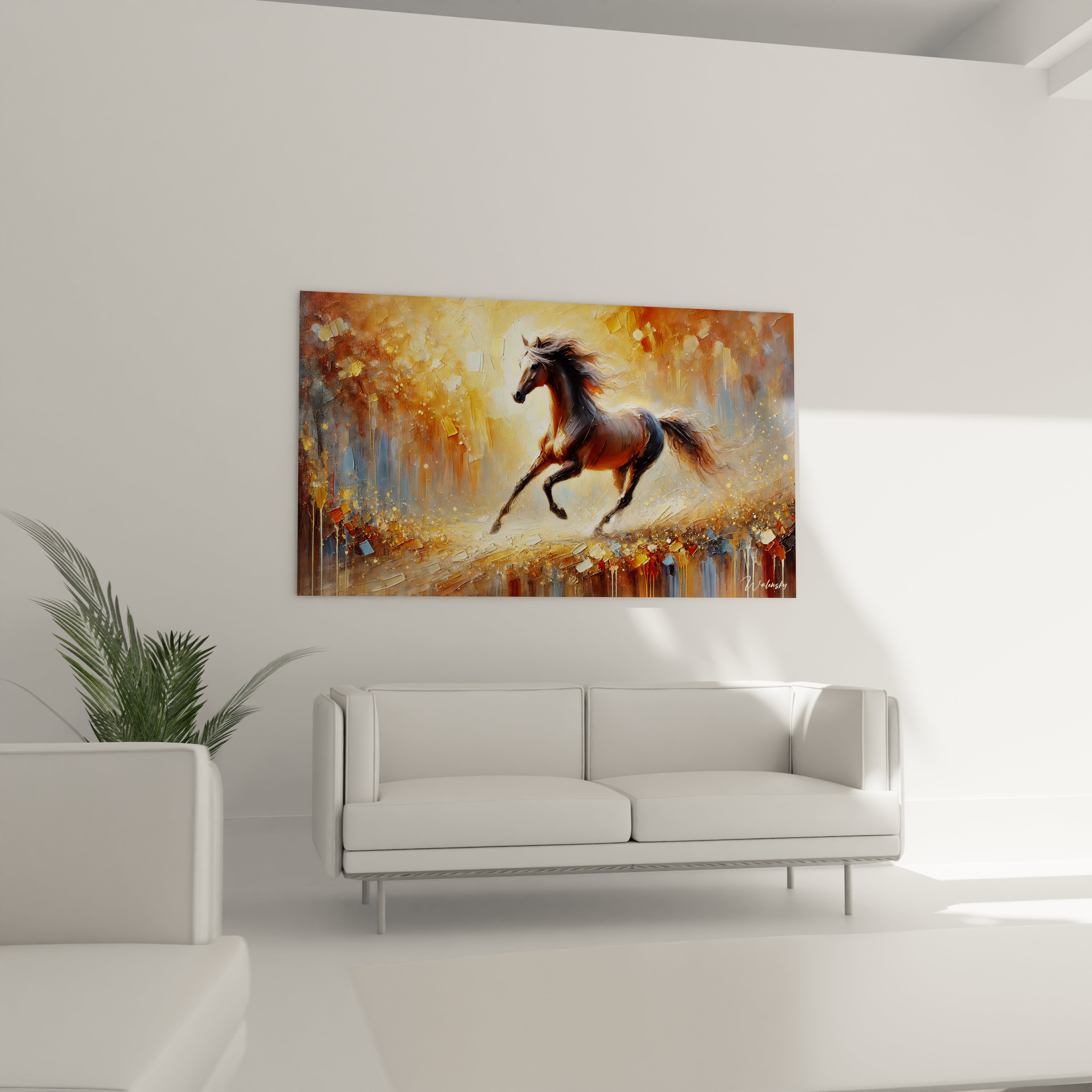 Ce tableau cheval installé au-dessus du canapé transforme votre salon en espace moderne et énergique. La puissance du cheval en mouvement crée une atmosphère chaleureuse et vivante.

