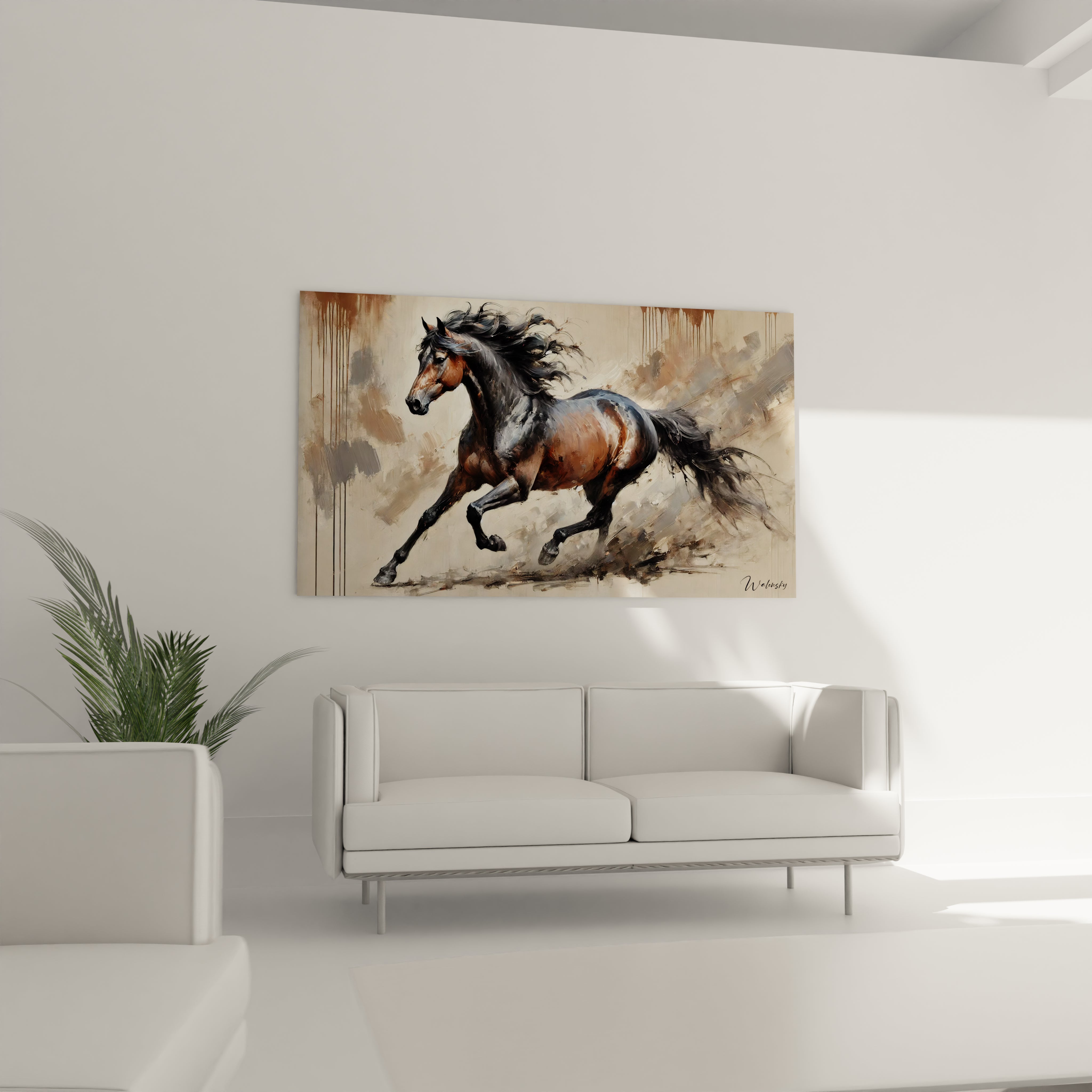 Placé au-dessus d'un canapé, ce tableau cheval devient le point central du salon. L'énergie du cheval en mouvement, ses textures et couleurs apportent une dimension de liberté et d'élégance à la pièce.

