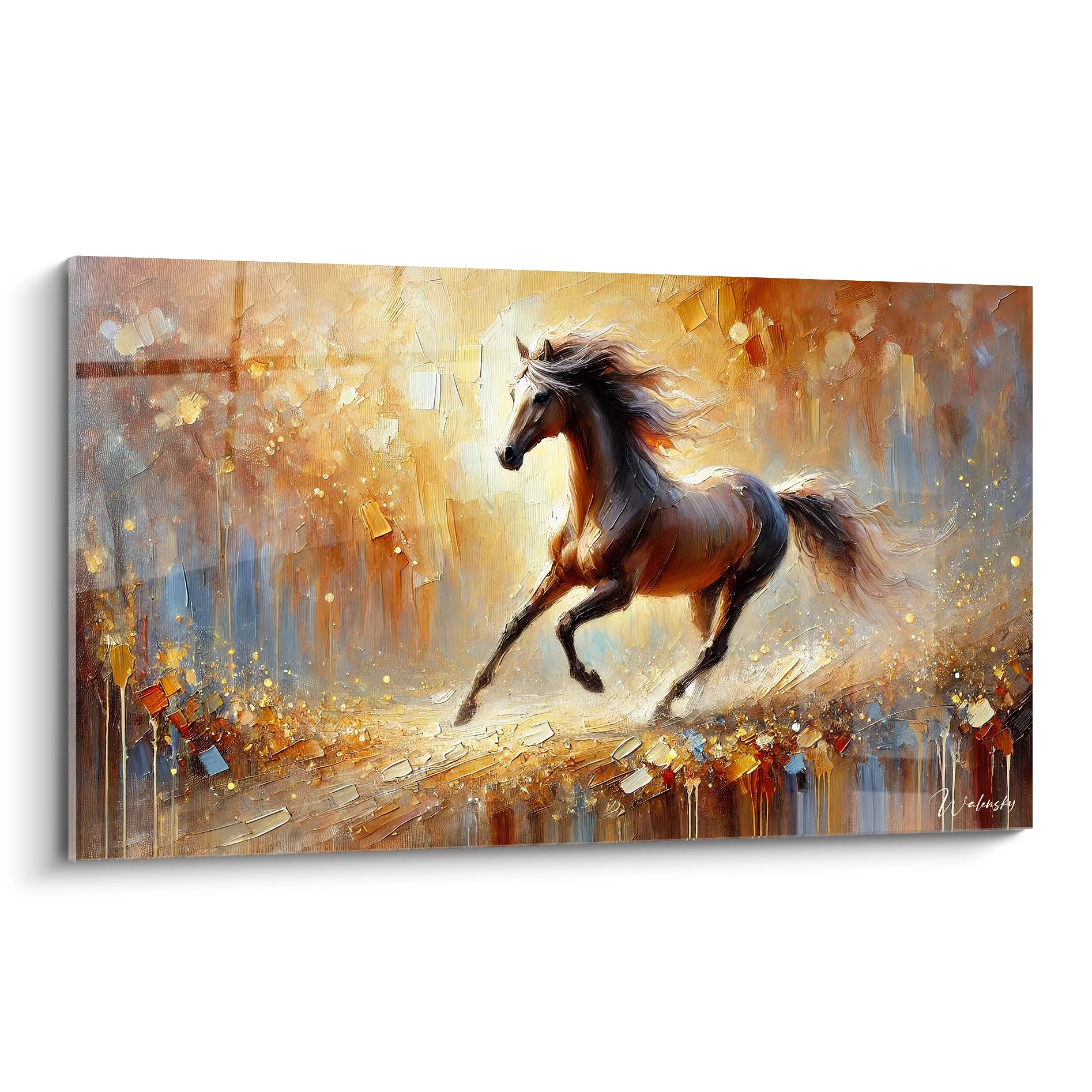 Découvrez ce tableau cheval vu de biais. Cette œuvre contemporaine capture la puissance du cheval en plein galop avec des couleurs vibrantes qui ajoutent profondeur et énergie à votre intérieur.

