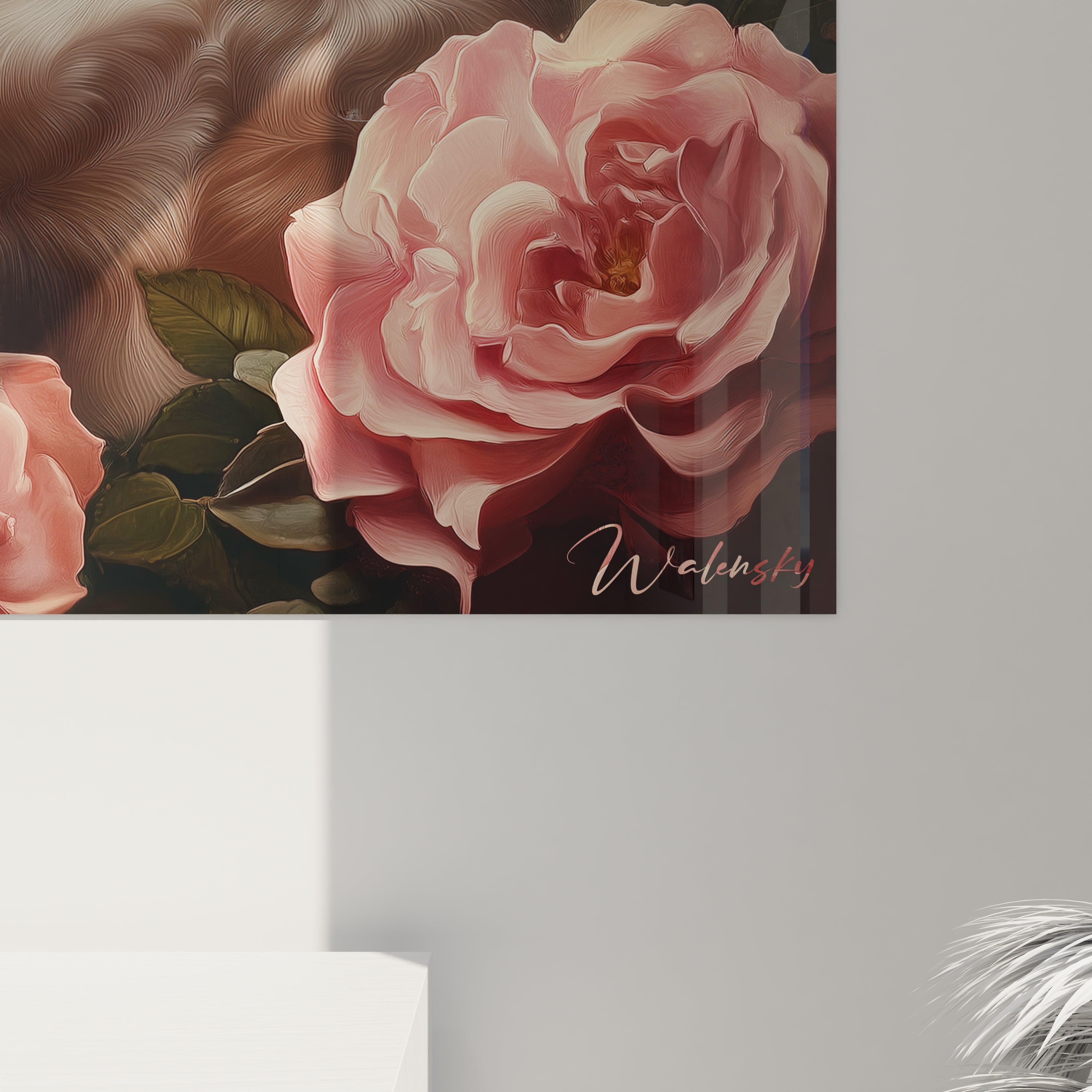 Un tableau Chihuahua au rendu hyperréaliste montrant un petit chien à la fourrure beige, poitrail blanc et grands yeux bruns expressifs. Composition équilibrée avec roses roses encadrant le sujet sur fond sombre nuancé aux reflets dorés.
