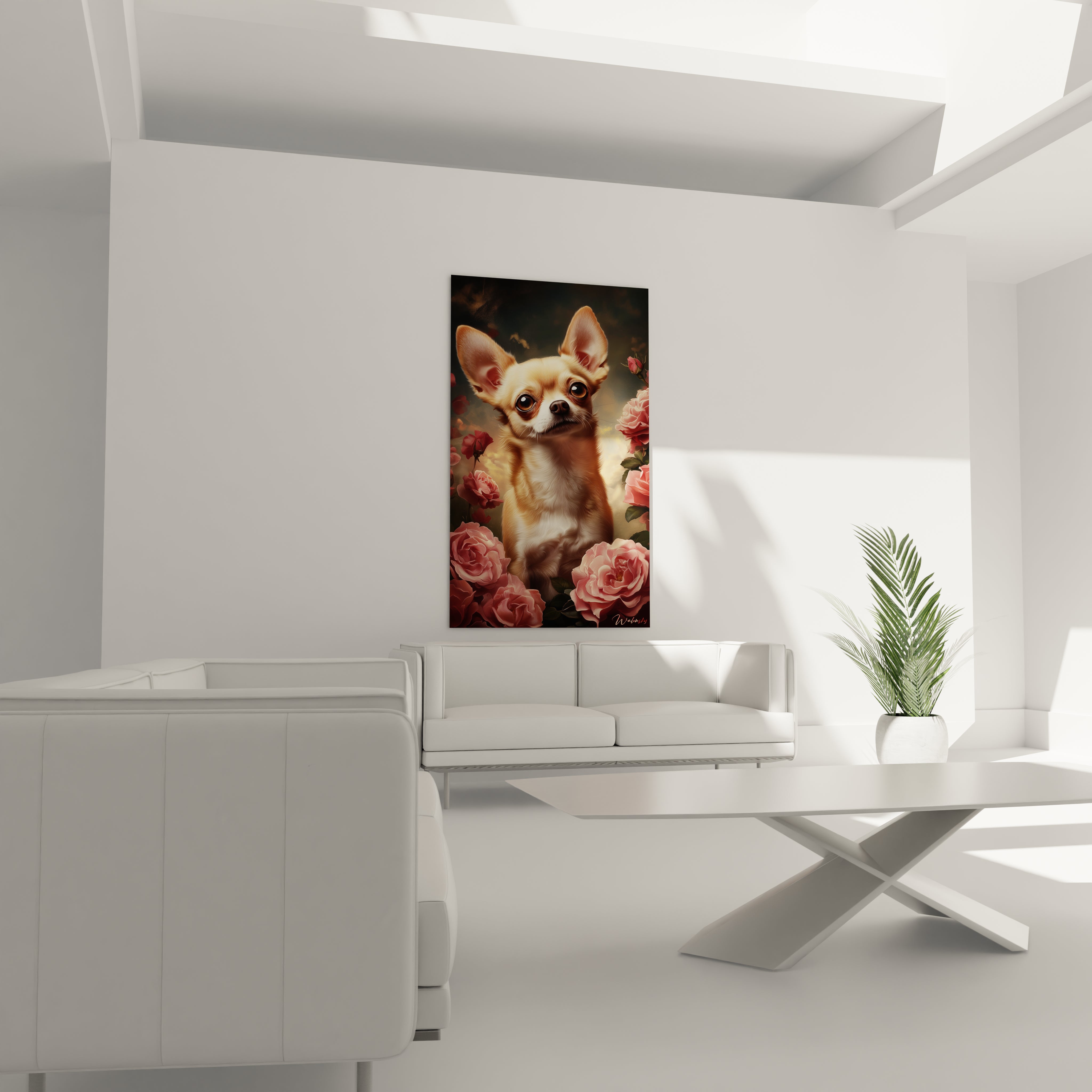 Un tableau Chihuahua au regard intense fixant l'observateur, encadré par des roses aux pétales délicatement rendus. Textures minutieuses du pelage beige et blanc, oreilles dressées triangulaires et nuances roses des fleurs finement détaillées.
