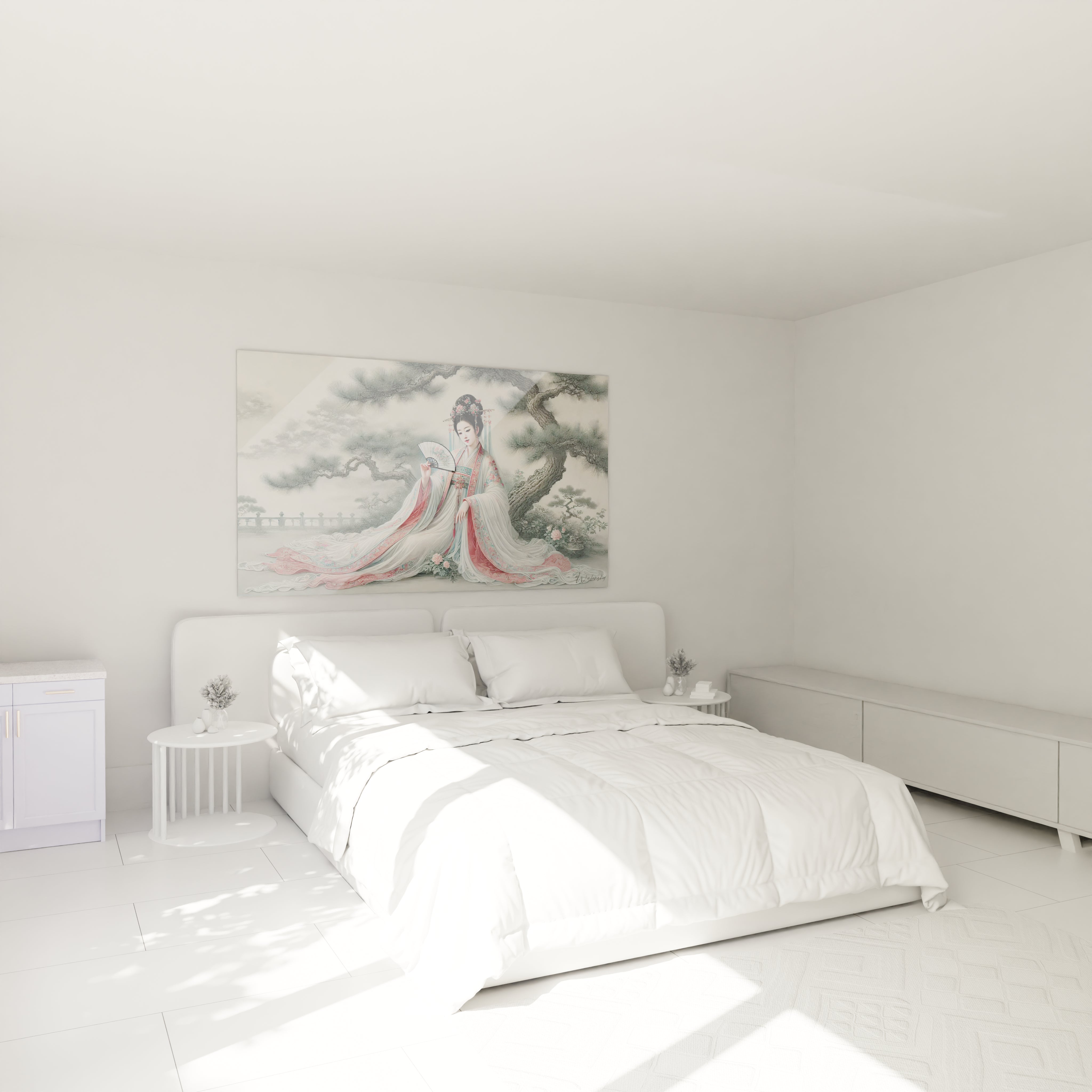 tableau chinois au dessus du lit, ce chef-d oeuvre cree une ambiance apaisante dans la chambre. La scene delicate de la dame et des pins en fond evoque une serenite qui eleve l espace interieur

