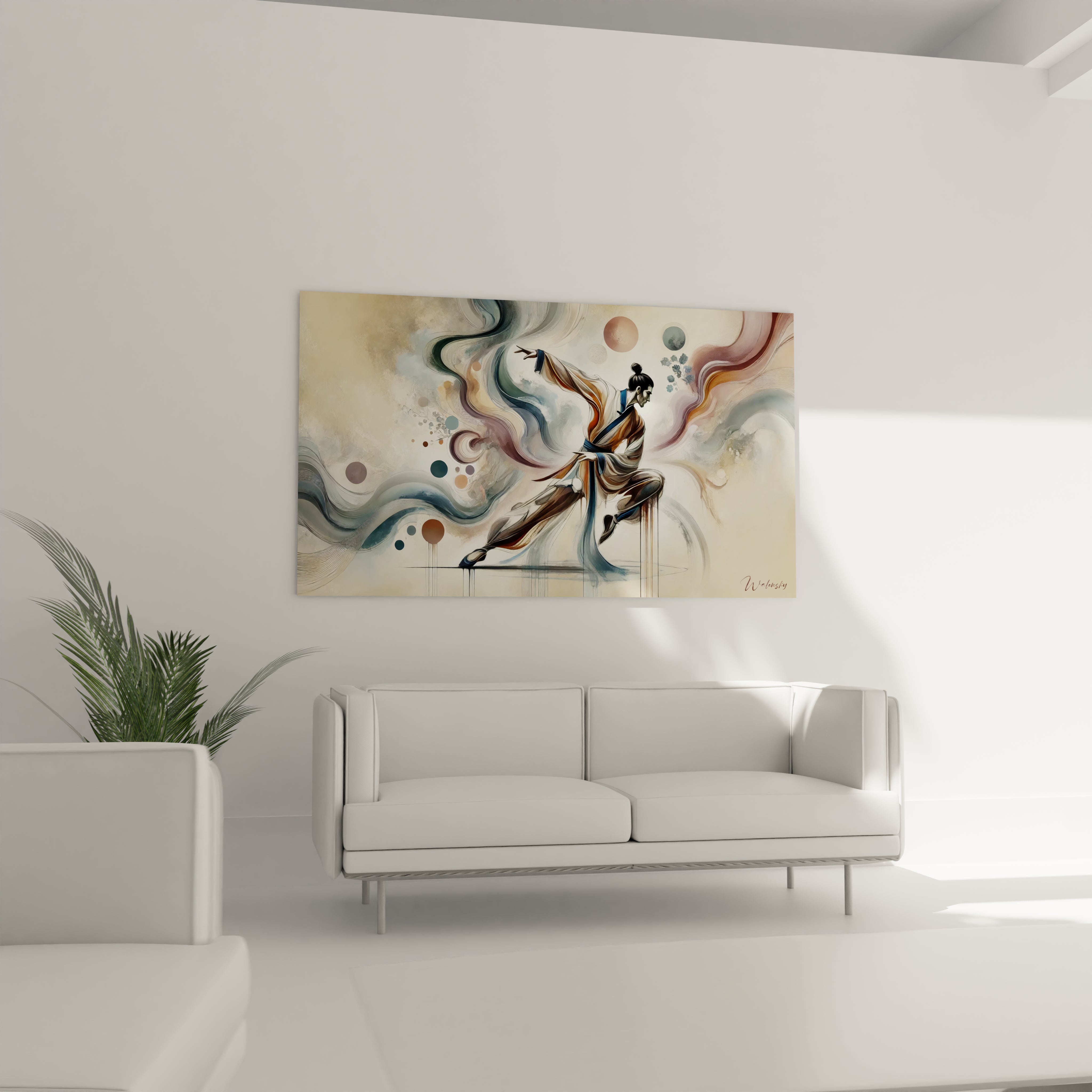 tableau chinois au-dessus du canape dans un salon Un hommage aux arts martiaux melant abstraction et realisme pour creer une harmonie dans l'espace grace a des couleurs apaisantes beige marron et bleu

