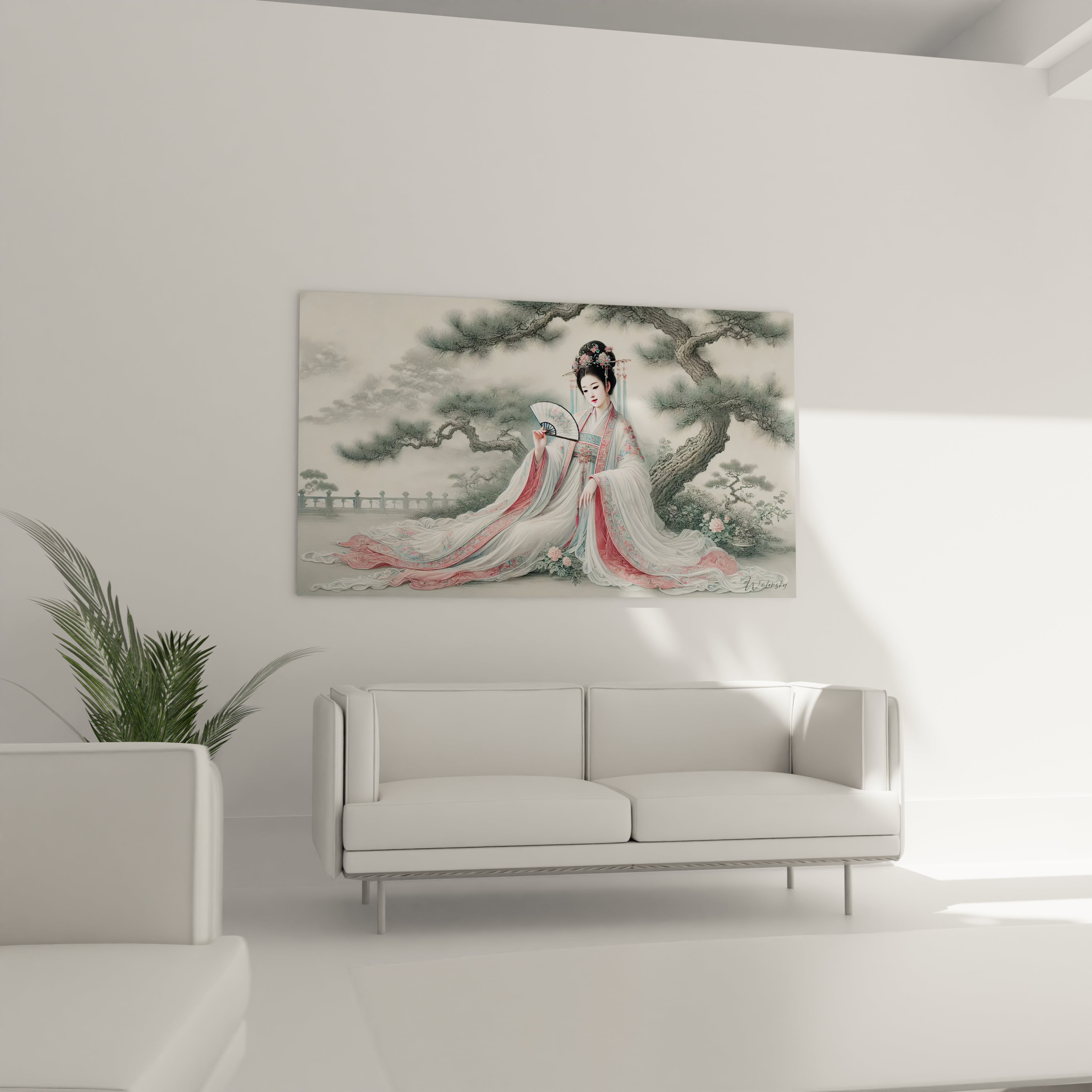 tableau chinois au dessus du canape, ideal pour un salon harmonieux. La representation elegante de la dame dans un jardin de pins s integre parfaitement a une decoration qui recherche calme et poesie

