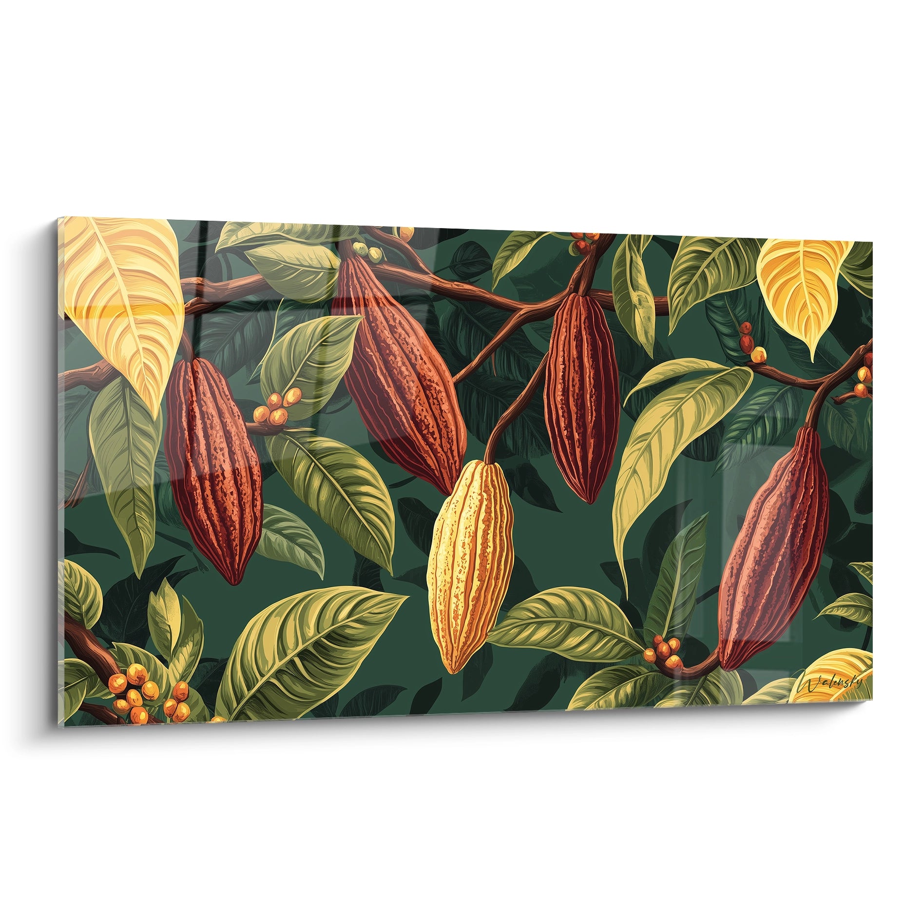 Un tableau chocolat illustrant des cabosses de cacao suspendues à des branches, avec des feuilles vertes et jaunes. Les textures détaillées montrent des surfaces rugueuses et des nervures prononcées.

